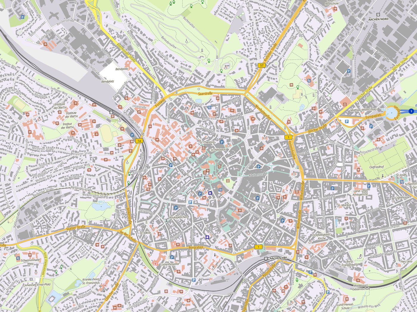Kartenausschnitt Aachen mit Gewässern
