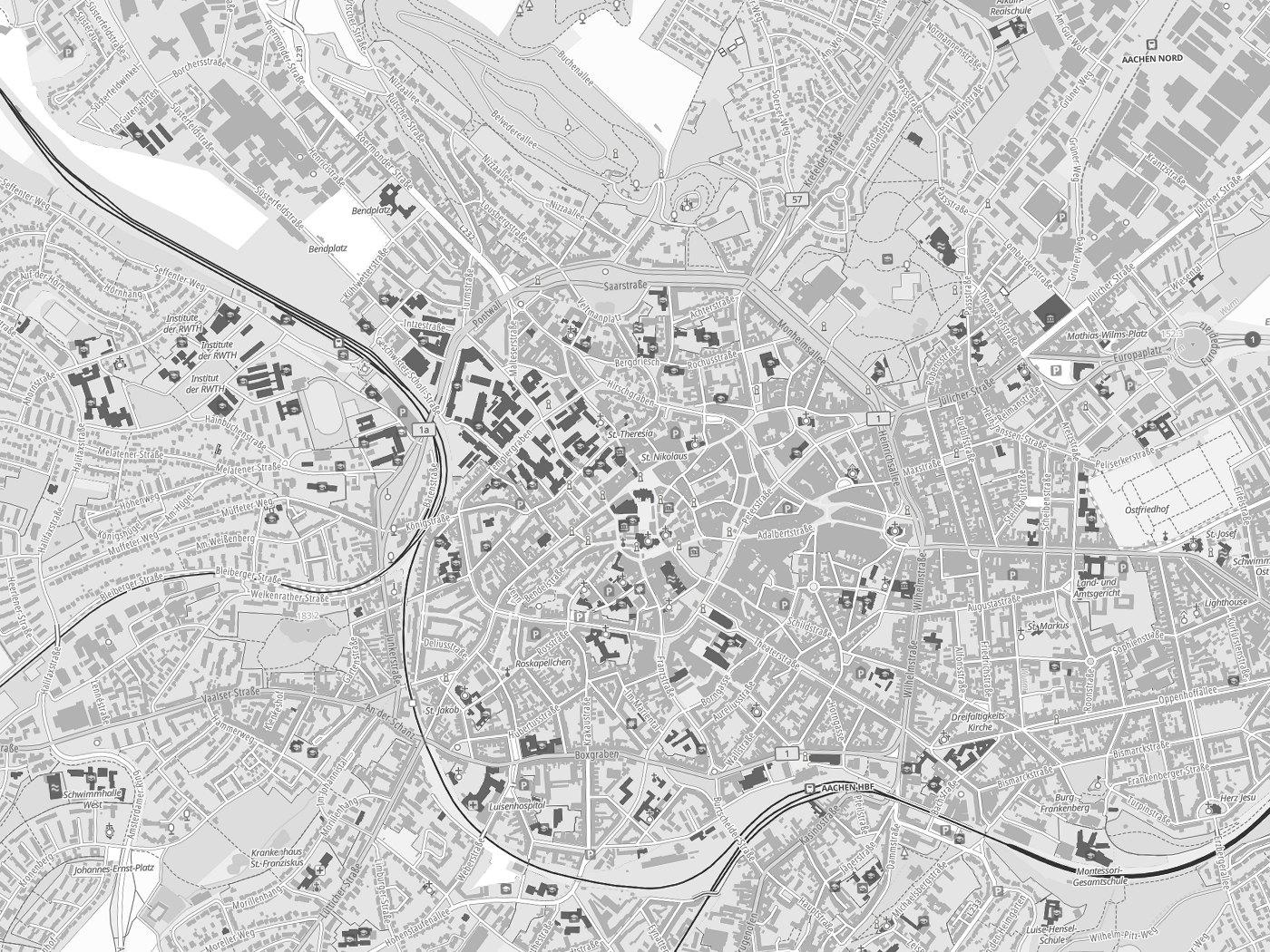 Kartenausschnitt Aachen mit Gewässern