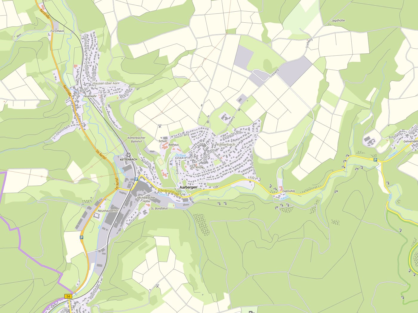 Kartenausschnitt Aarbergen mit Gewässern