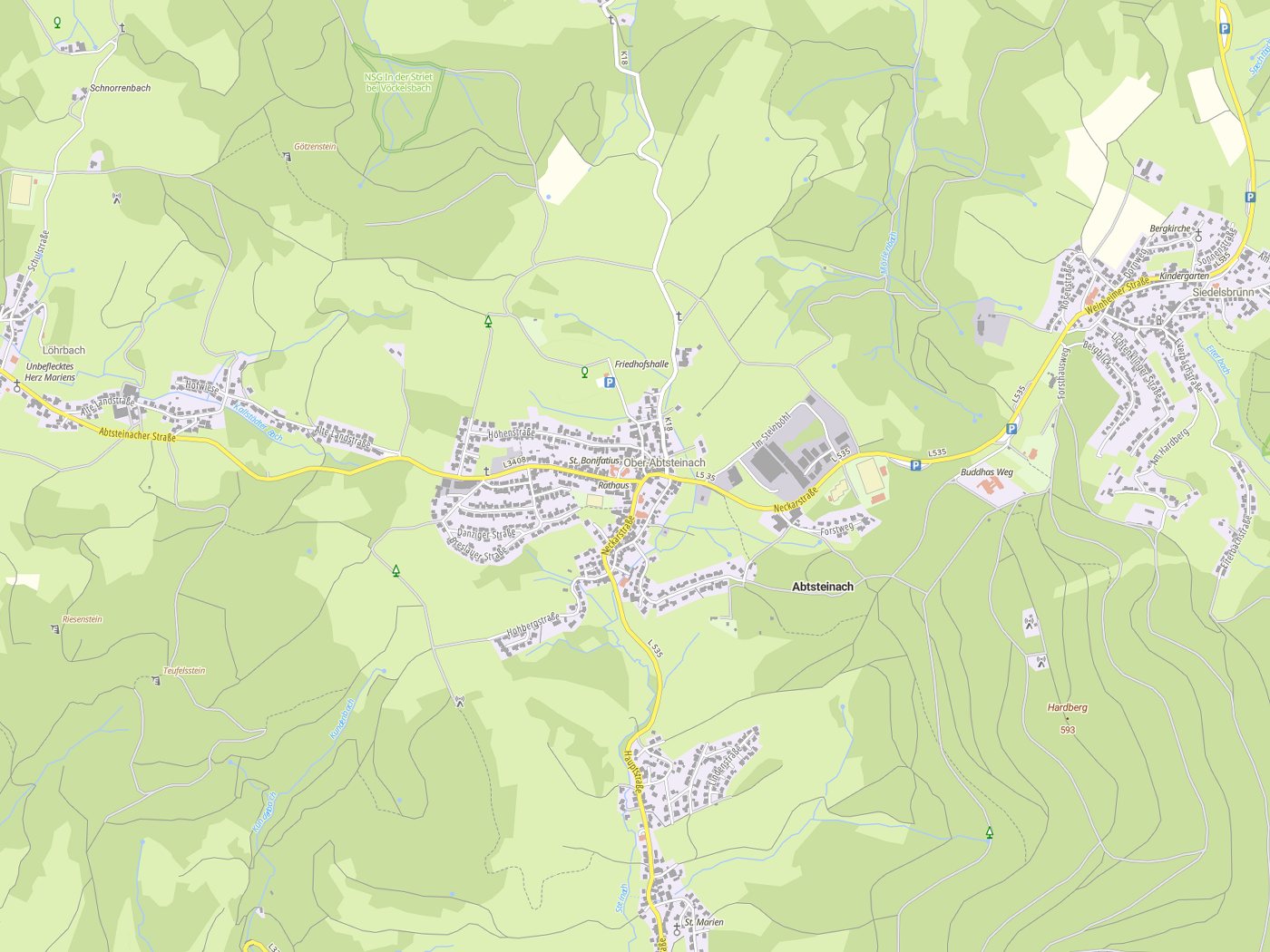 Kartenausschnitt Abtsteinach mit Gewässern