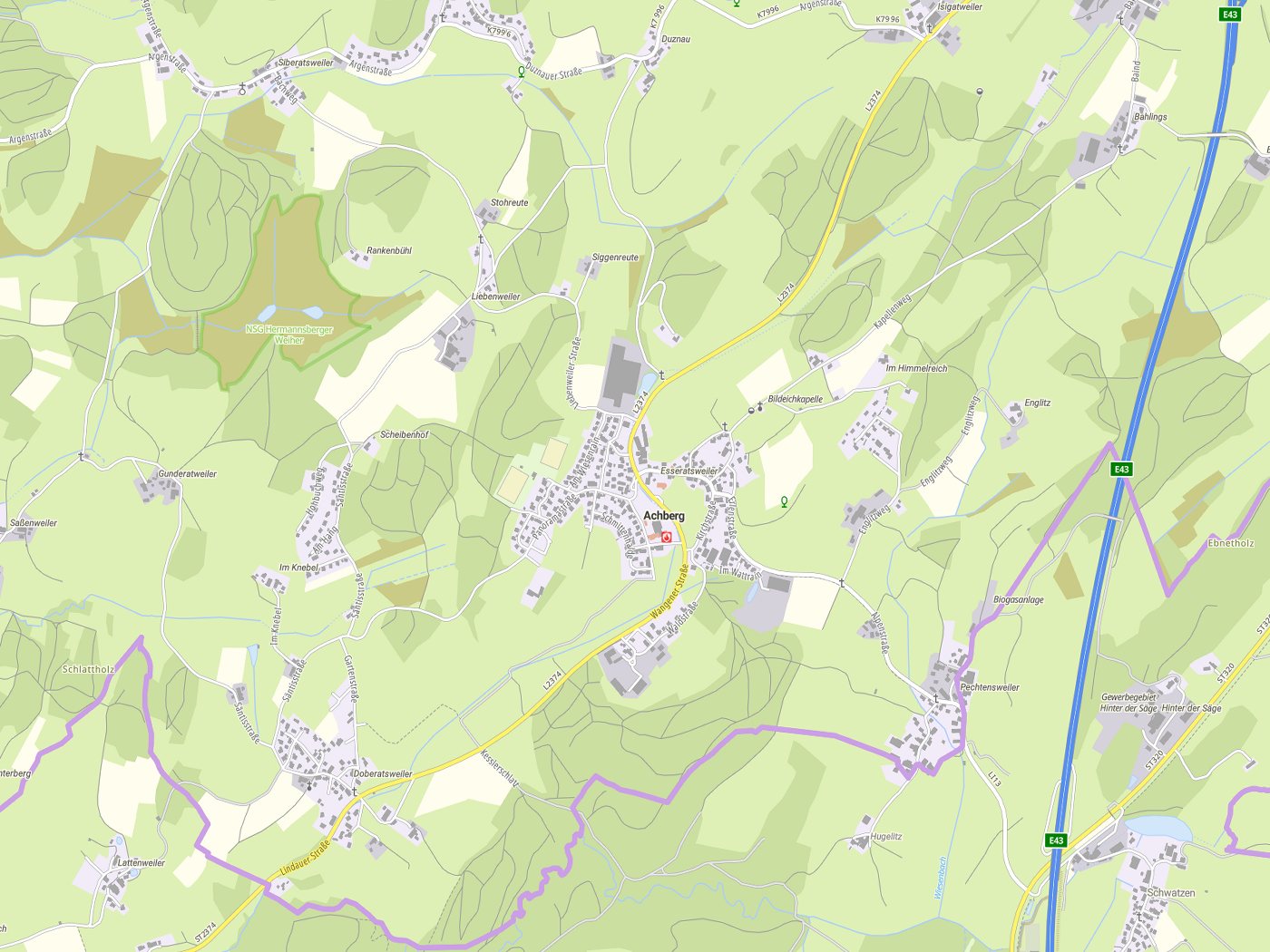 Kartenausschnitt Achberg mit Gewässern