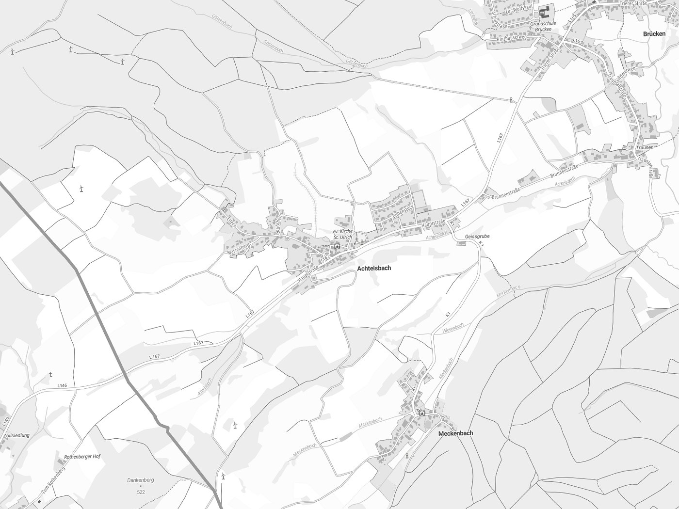 Kartenausschnitt Achtelsbach mit Gewässern