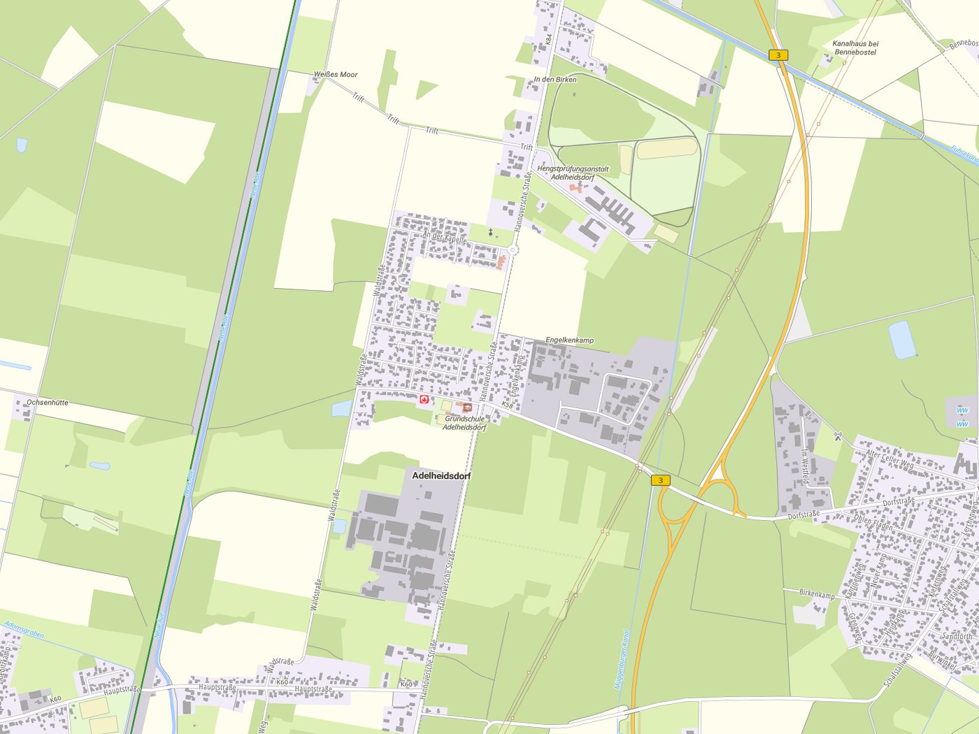 Kartenausschnitt Adelheidsdorf mit Gewässern