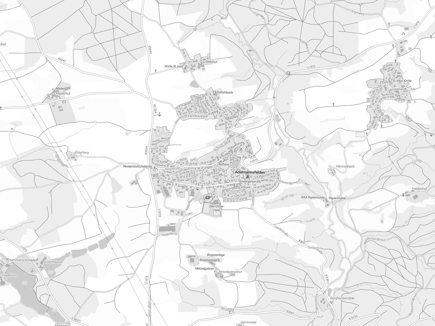 Kartenausschnitt Adelmannsfelden mit Gewässern