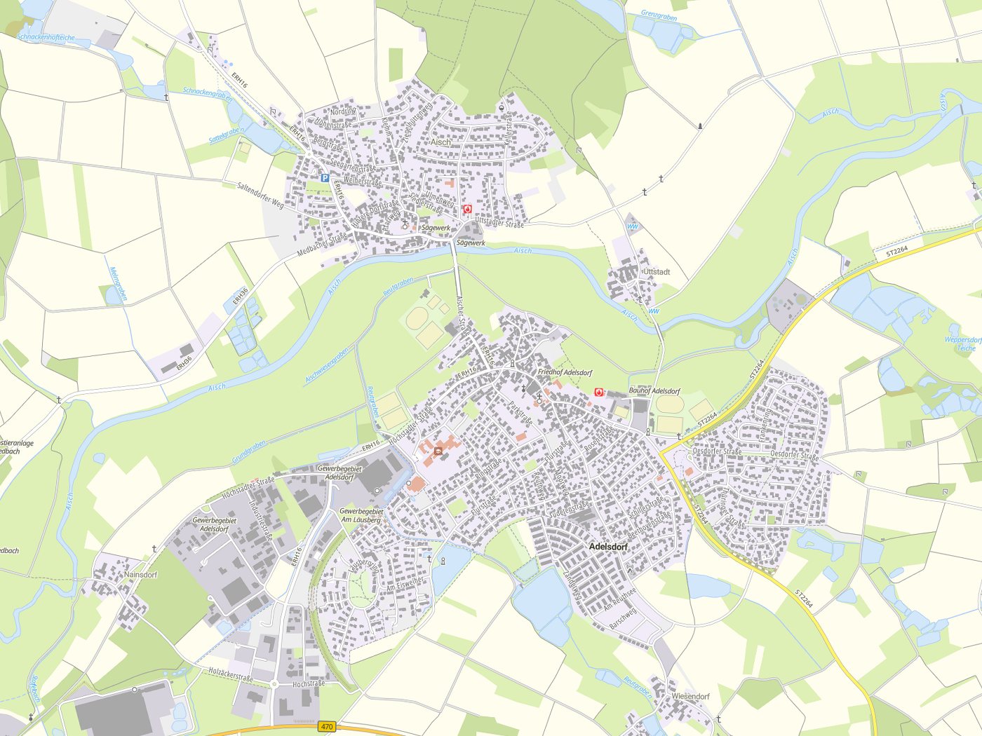 Kartenausschnitt Adelsdorf mit Gewässern