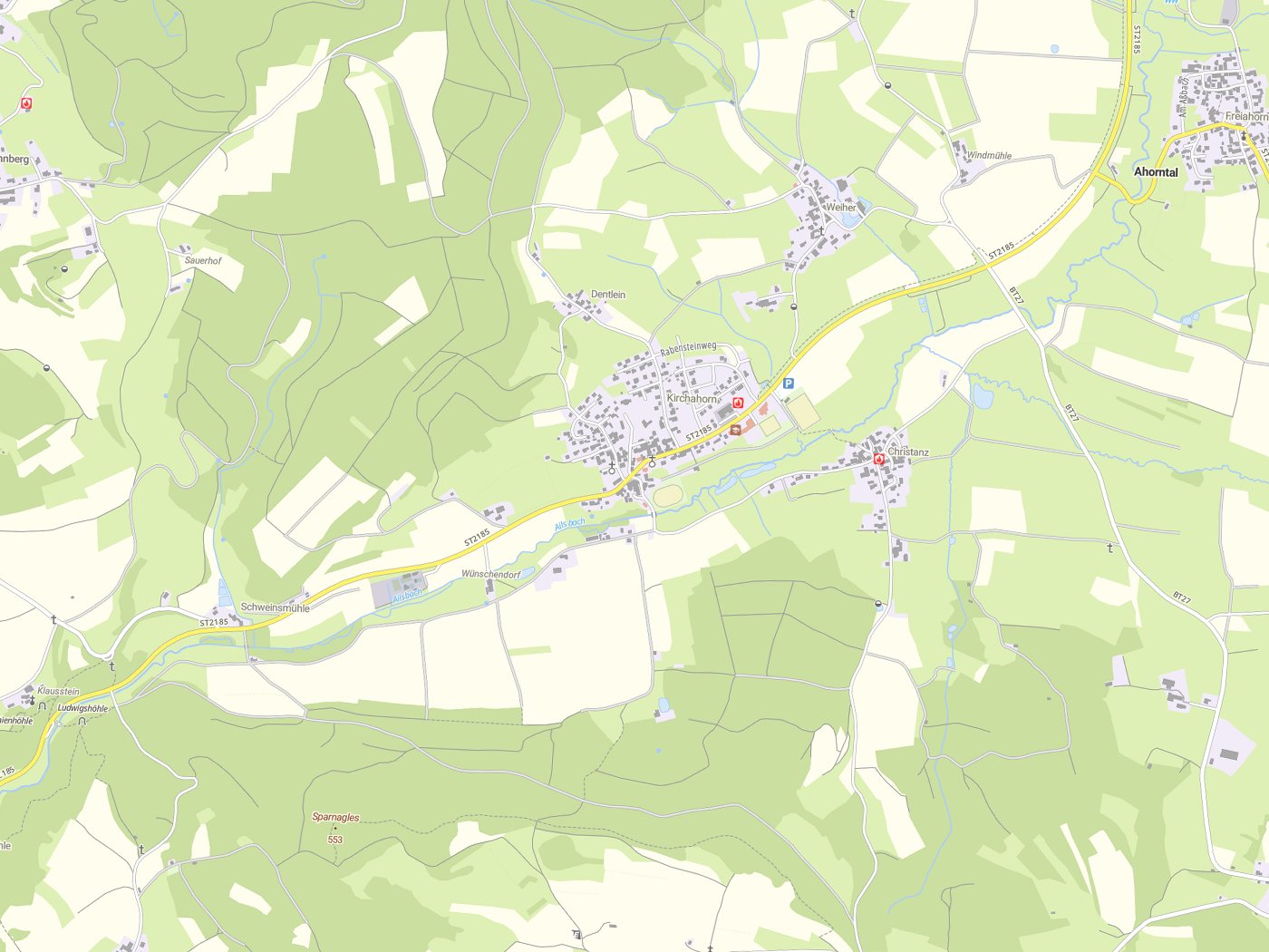 Kartenausschnitt Ahorntal mit Gewässern