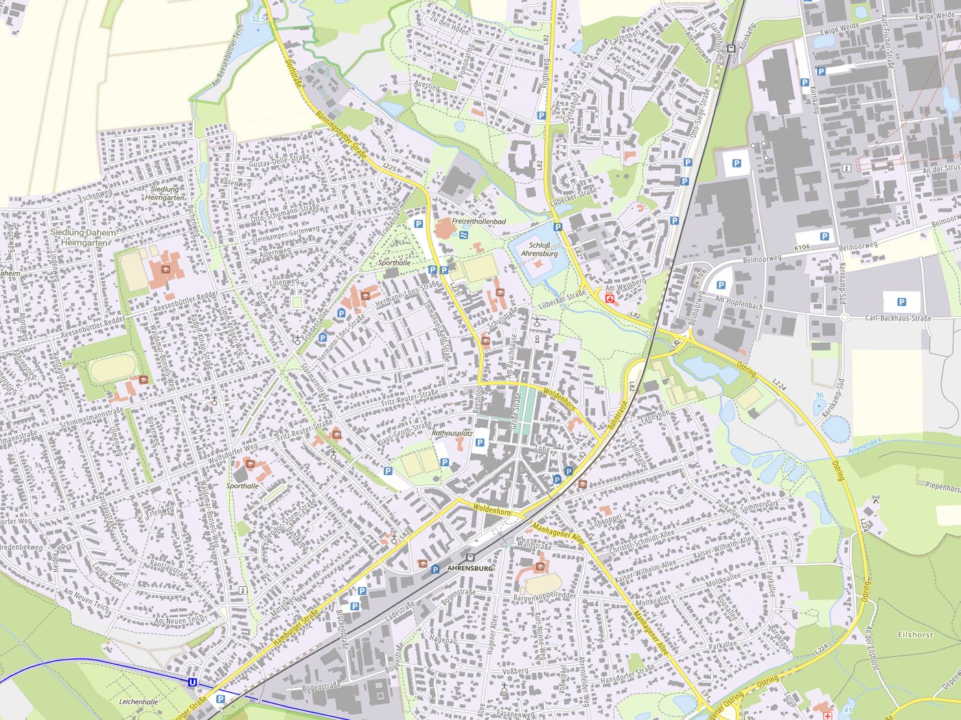 Kartenausschnitt Ahrensburg mit Gewässern