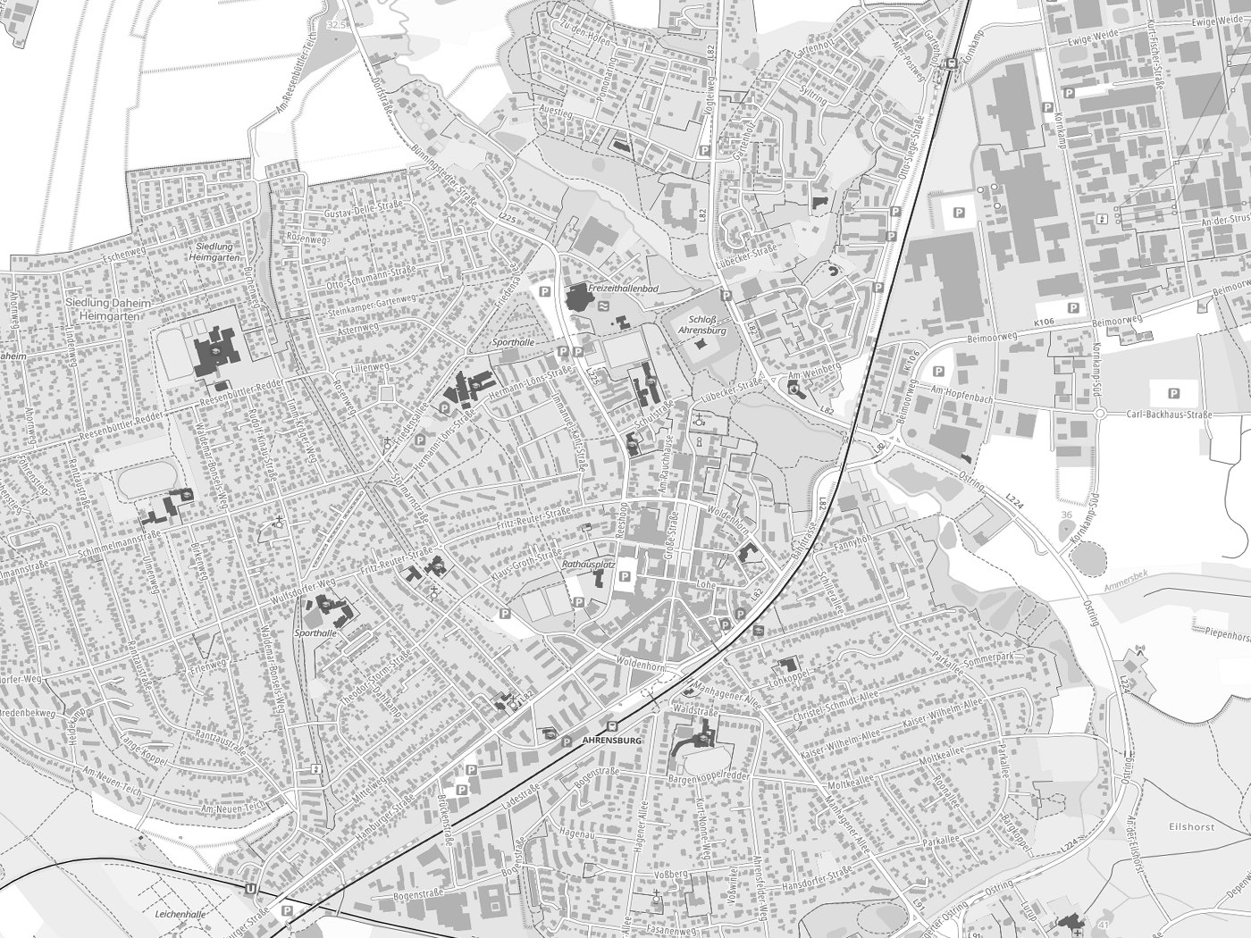 Kartenausschnitt Ahrensburg mit Gewässern