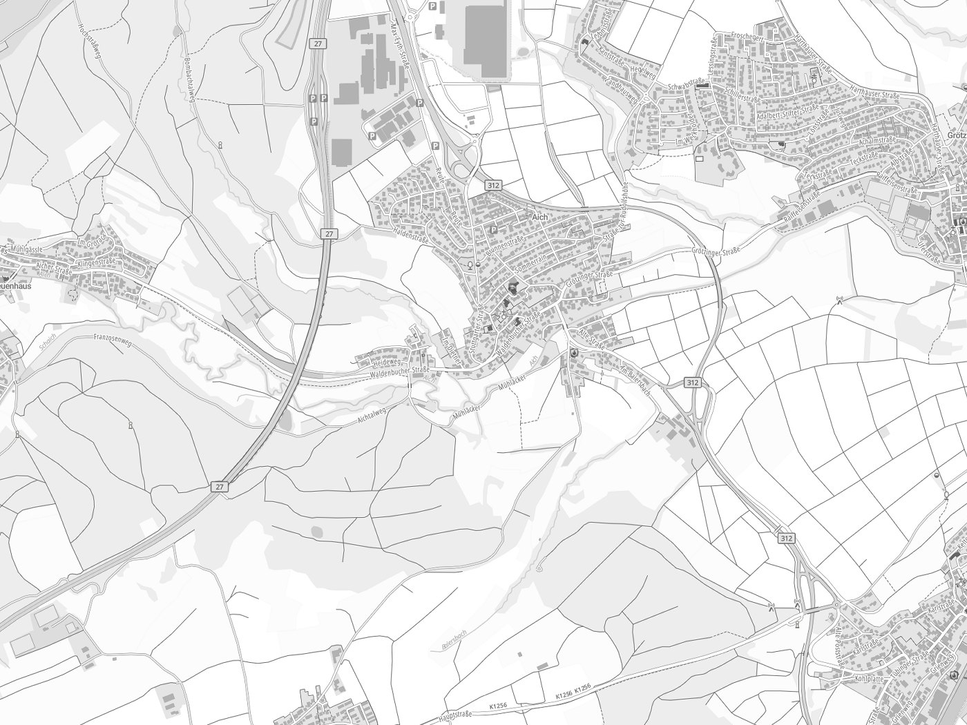 Kartenausschnitt Aichtal mit Gewässern