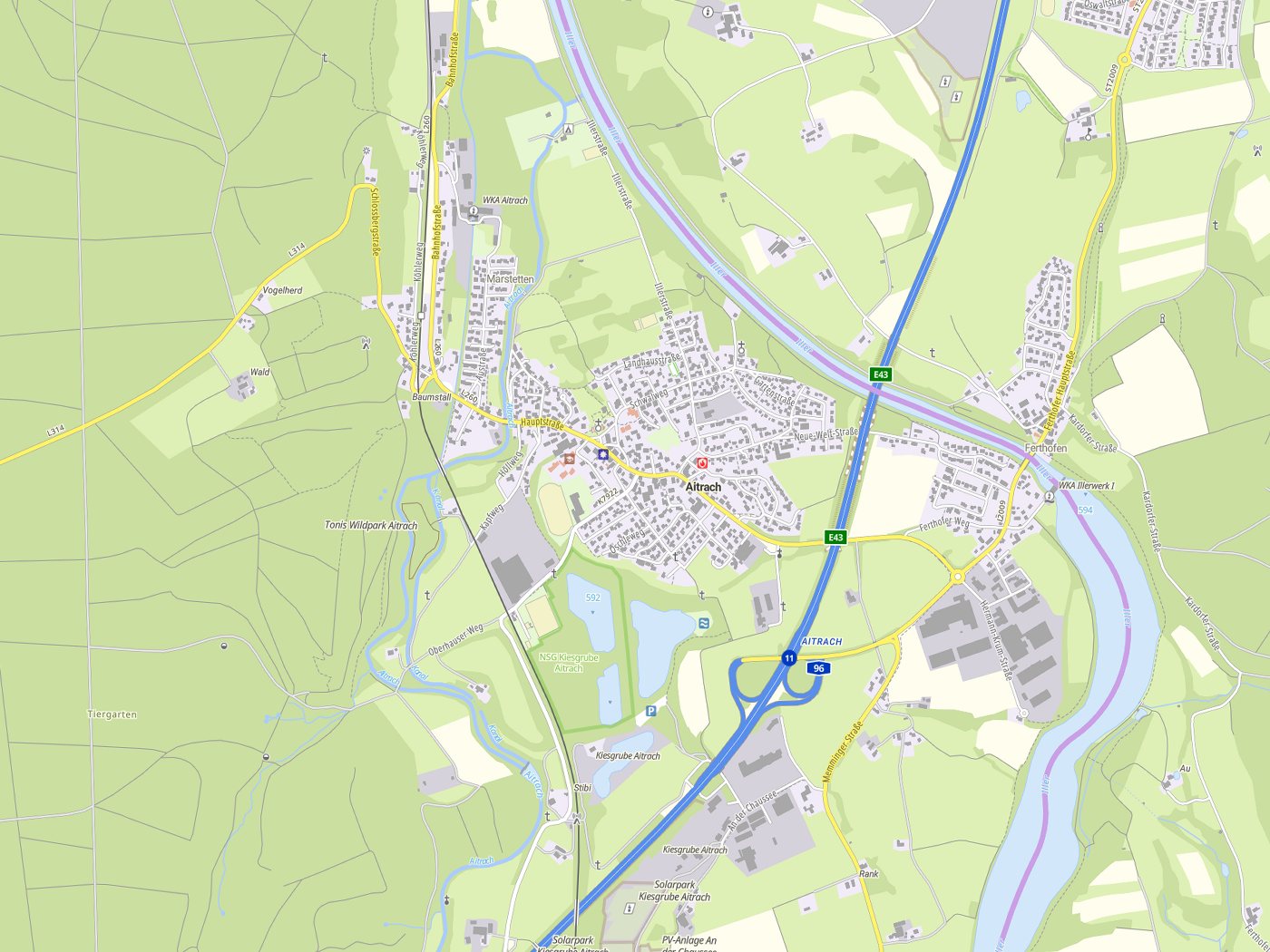 Kartenausschnitt Aitrach mit Gewässern