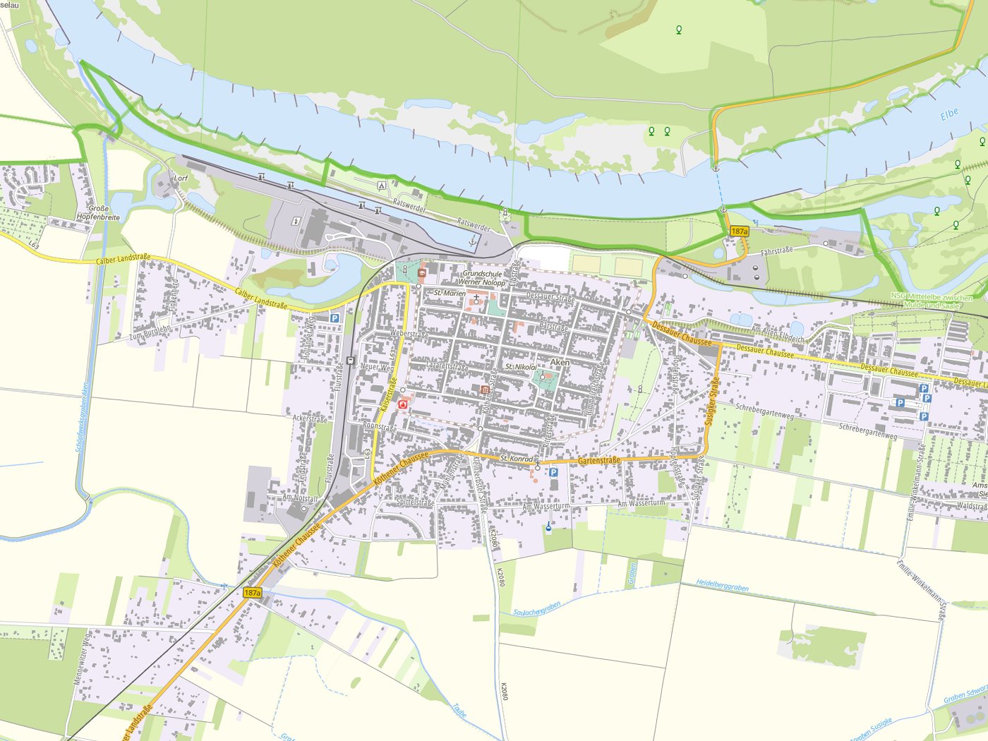 Kartenausschnitt Aken (Elbe) mit Gewässern