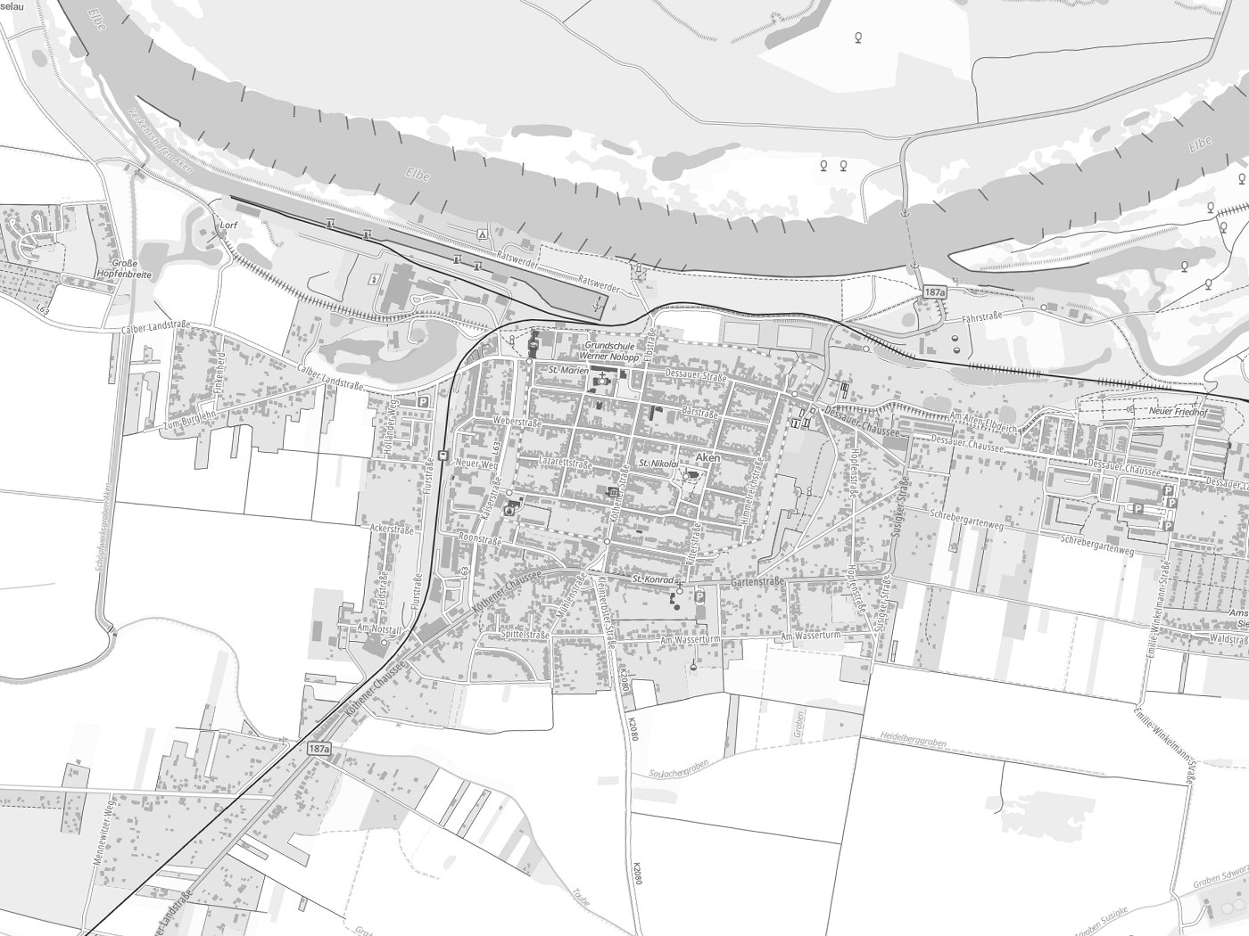 Kartenausschnitt Aken (Elbe) mit Gewässern