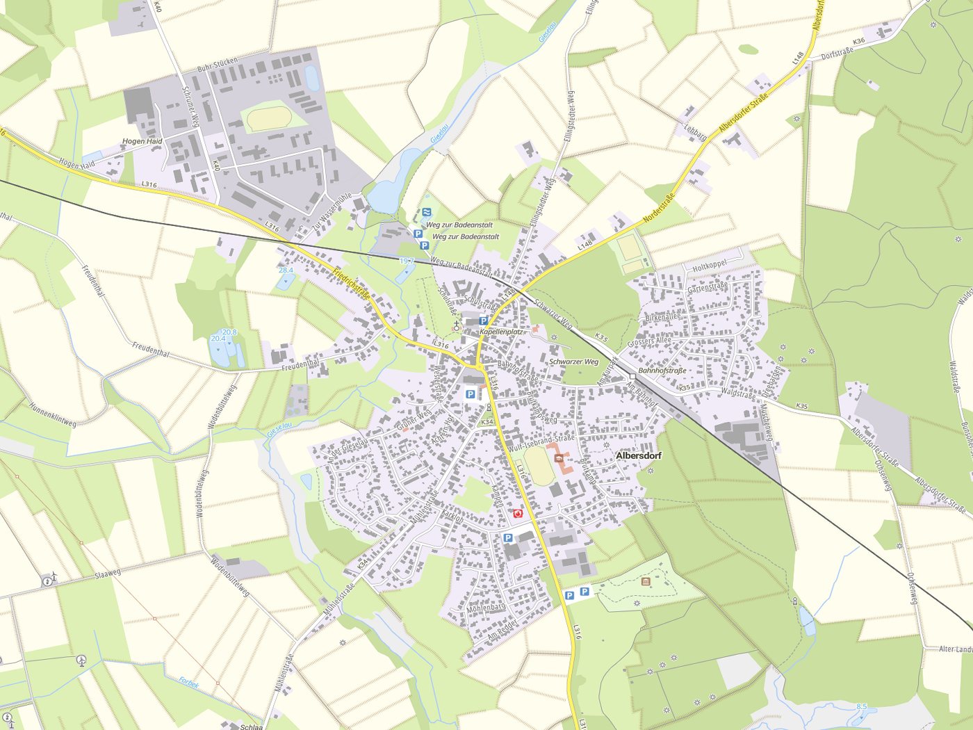 Kartenausschnitt Albersdorf mit Gewässern