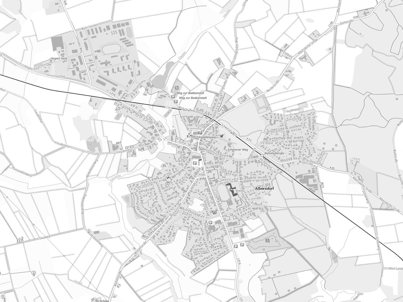 Kartenausschnitt Albersdorf mit Gewässern