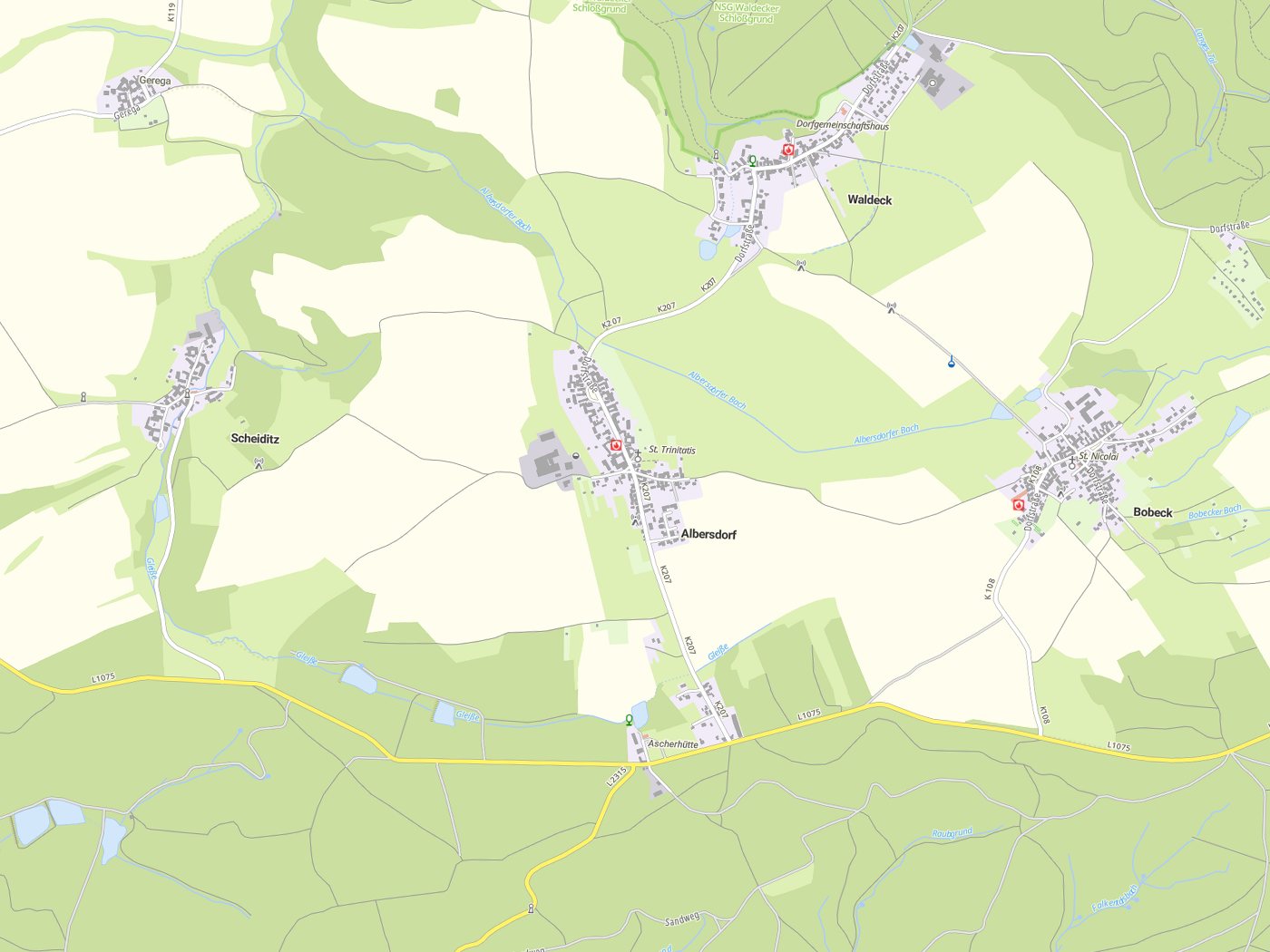 Kartenausschnitt Albersdorf mit Gewässern