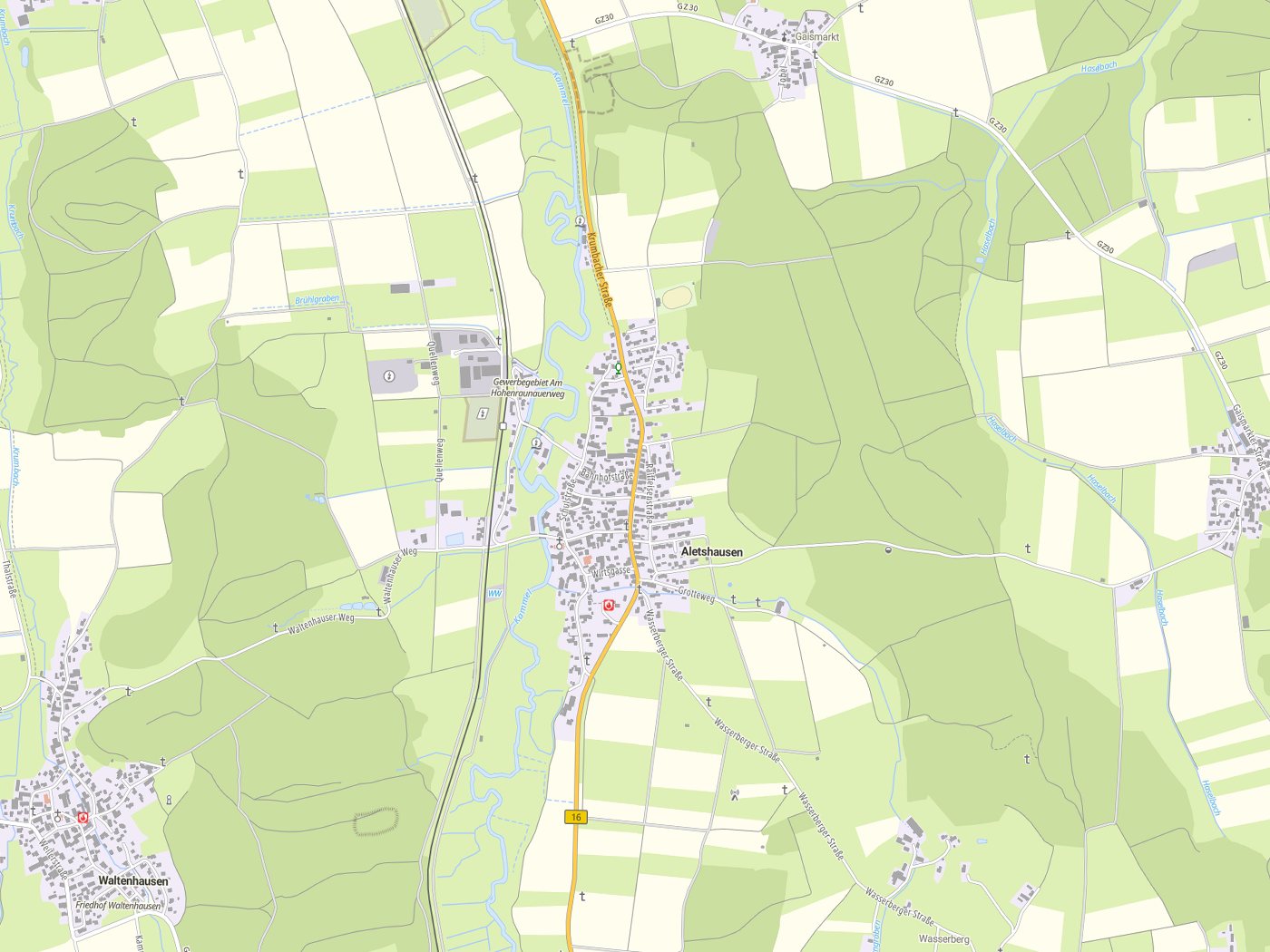 Kartenausschnitt Aletshausen mit Gewässern