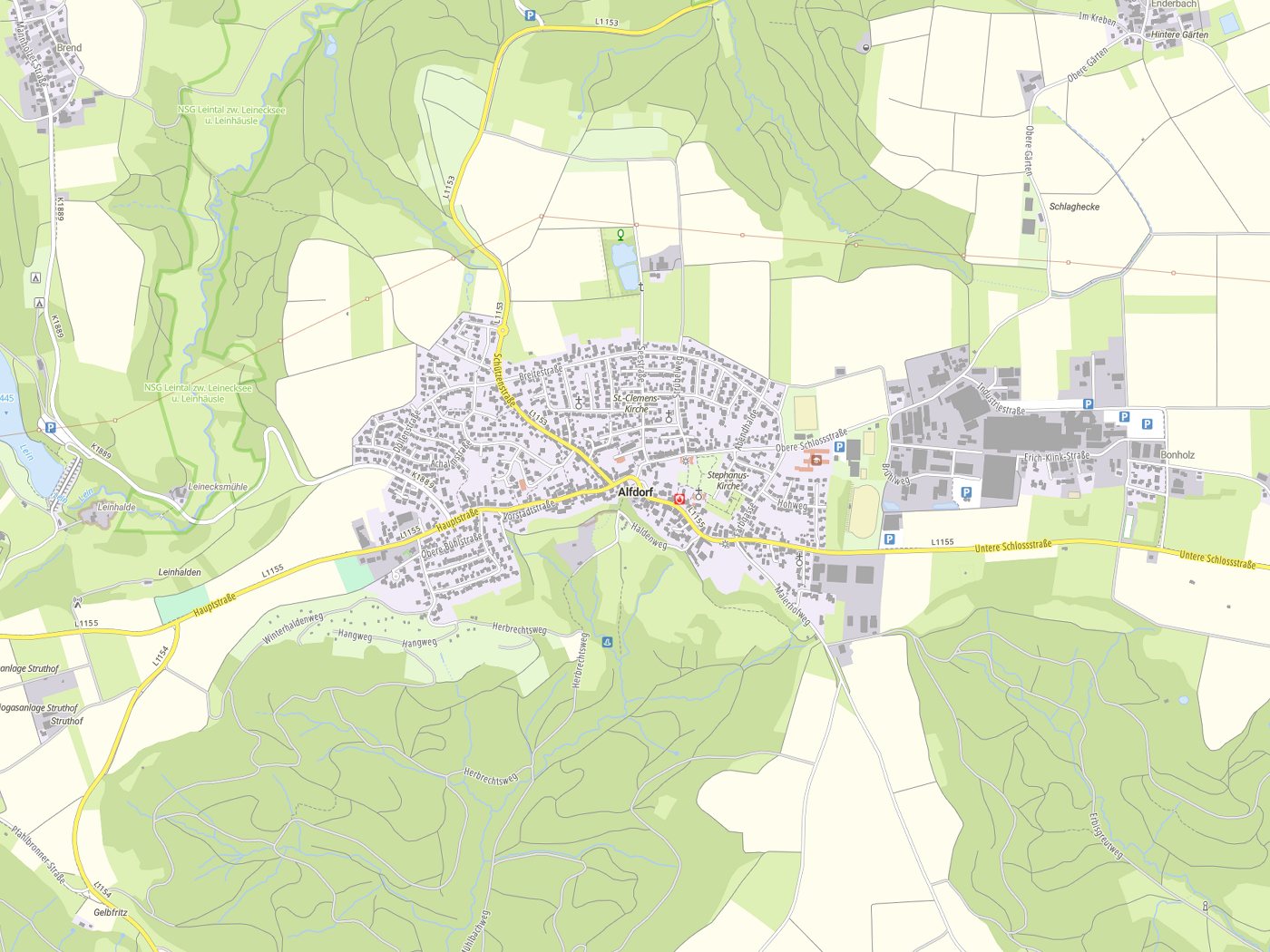 Kartenausschnitt Alfdorf mit Gewässern