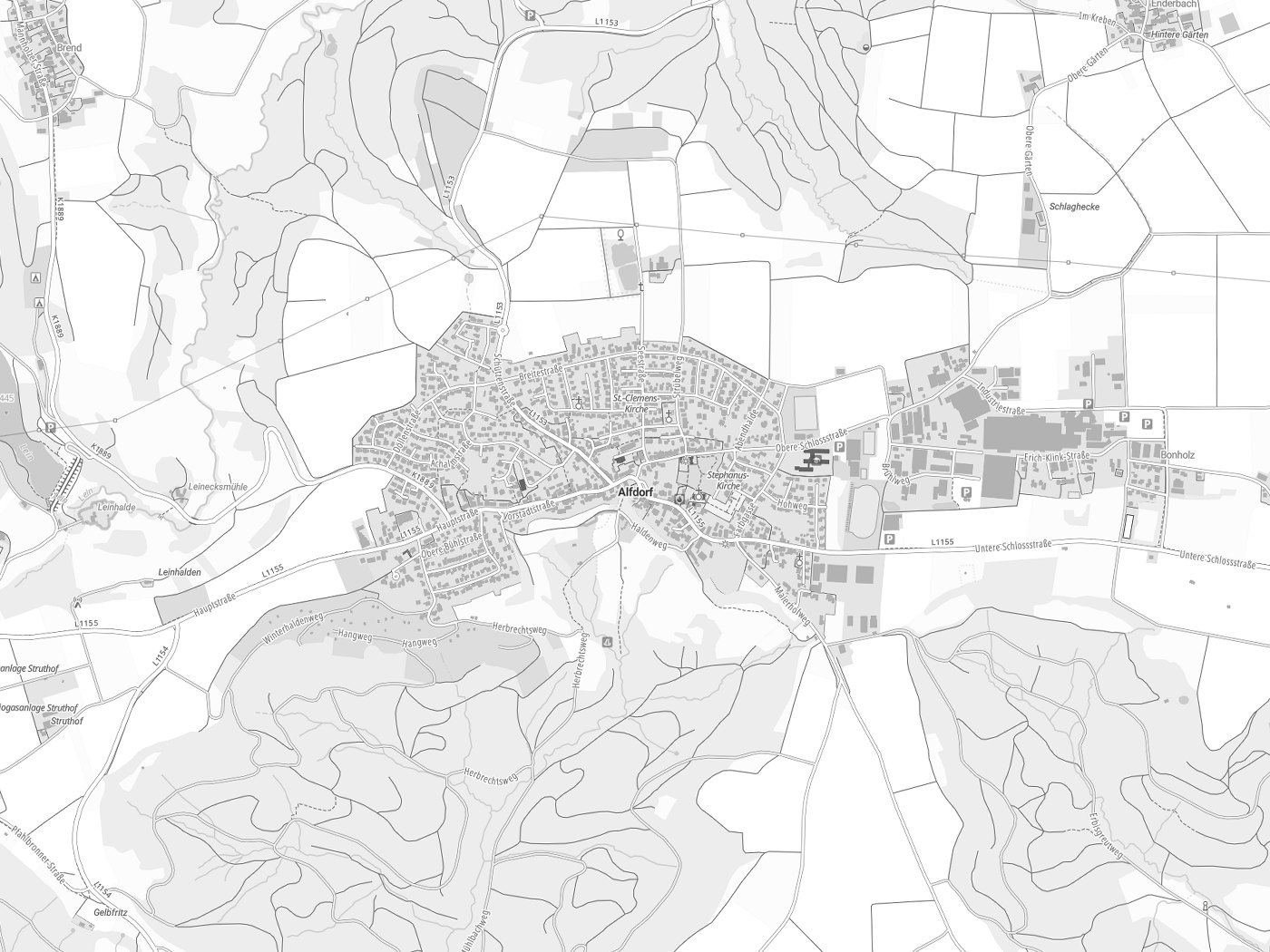 Kartenausschnitt Alfdorf mit Gewässern