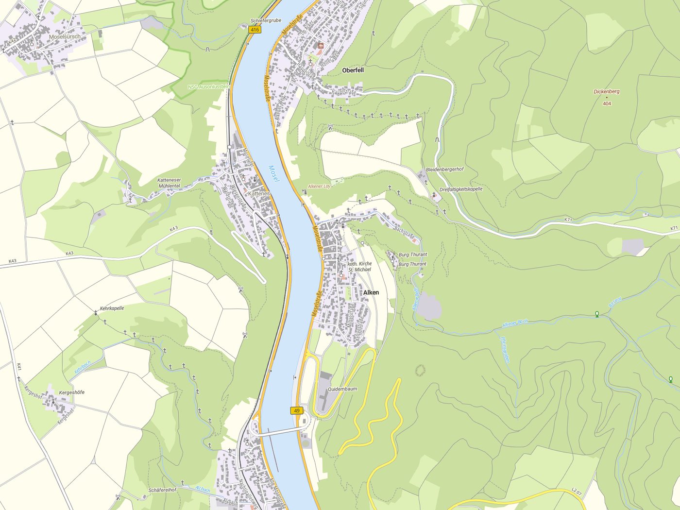 Kartenausschnitt Alken mit Gewässern