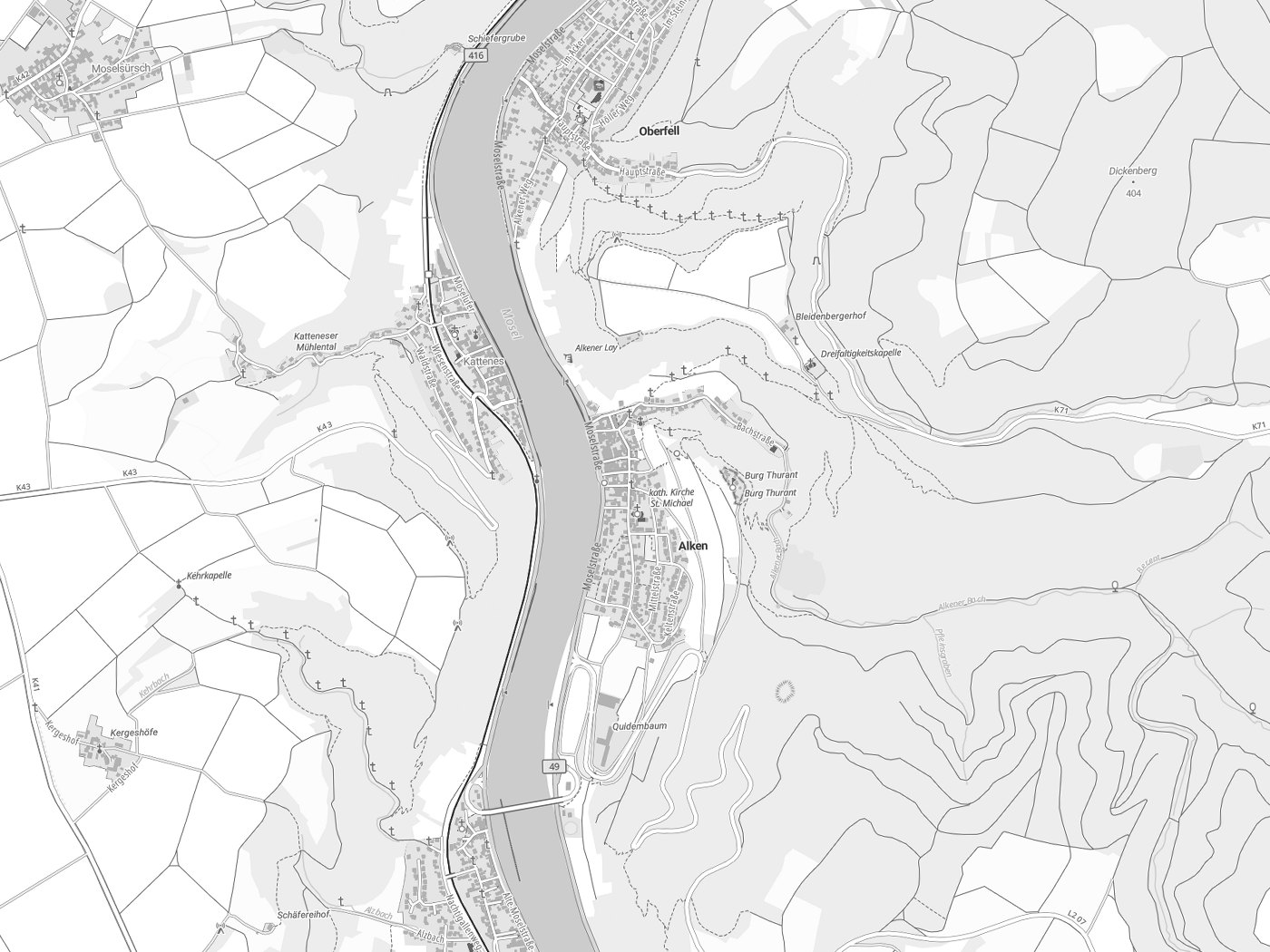 Kartenausschnitt Alken mit Gewässern
