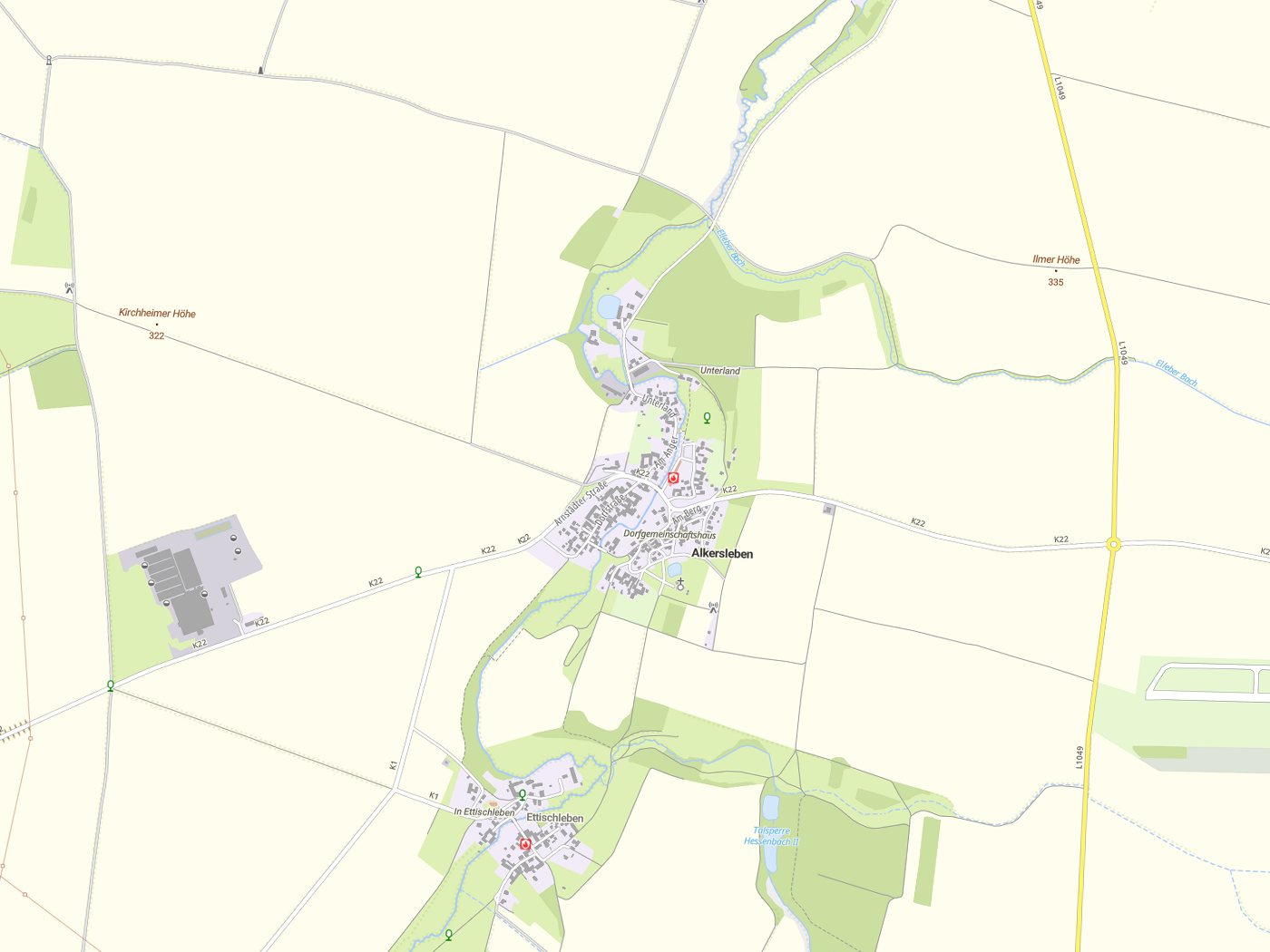Kartenausschnitt Alkersleben mit Gewässern
