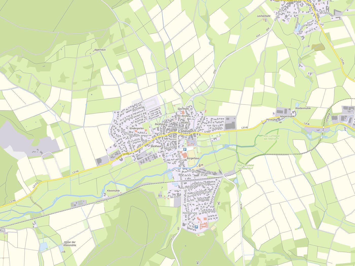 Kartenausschnitt Allendorf (Lumda) mit Gewässern