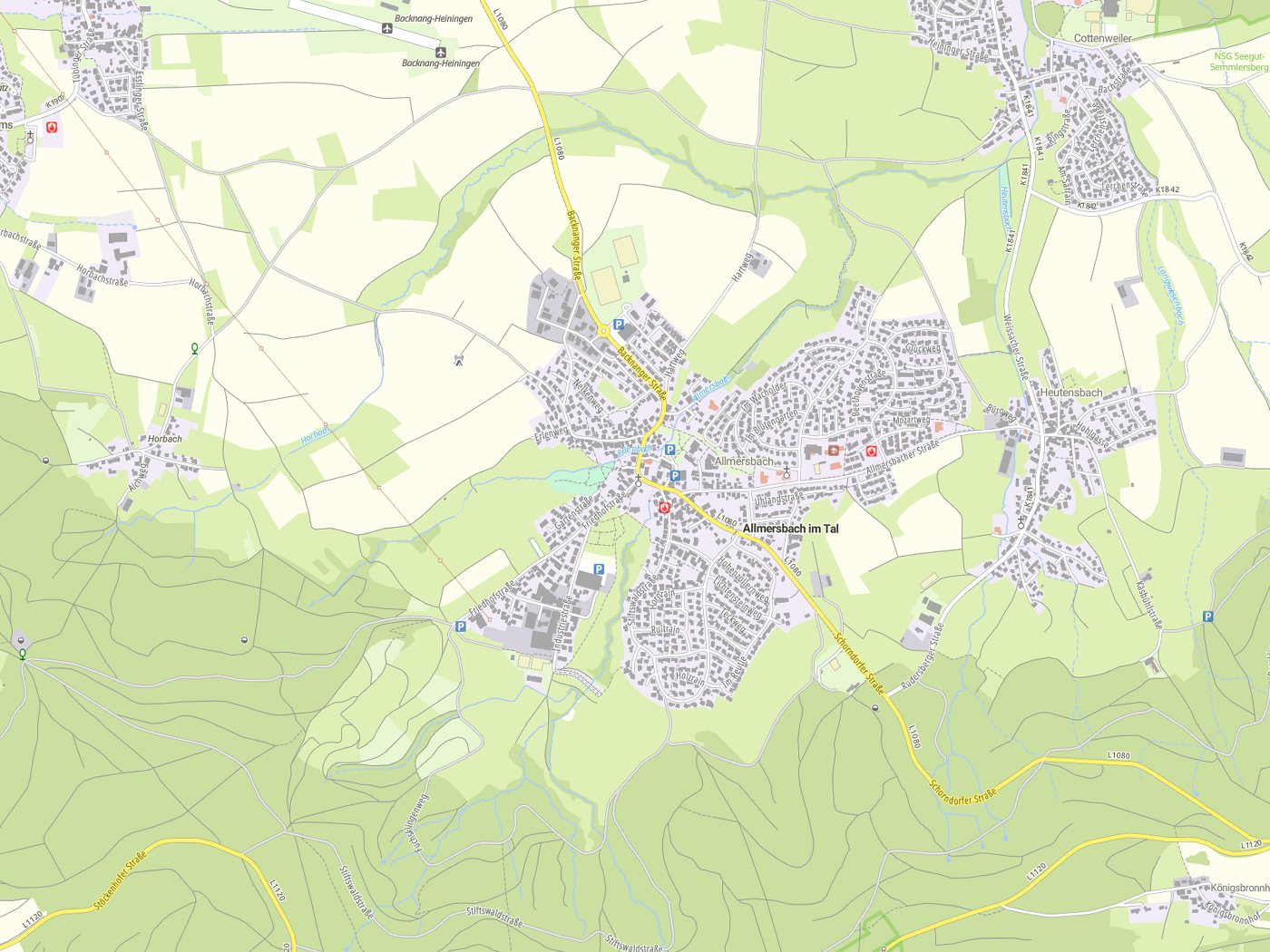 Kartenausschnitt Allmersbach im Tal mit Gewässern