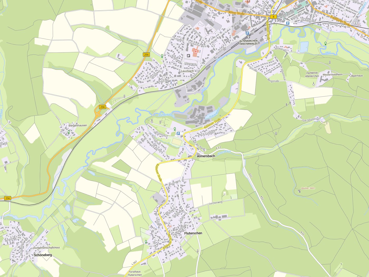 Kartenausschnitt Almersbach mit Gewässern
