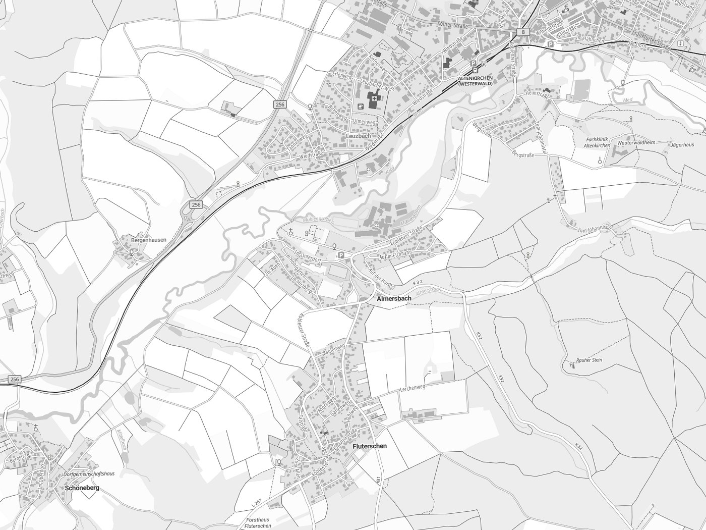 Kartenausschnitt Almersbach mit Gewässern