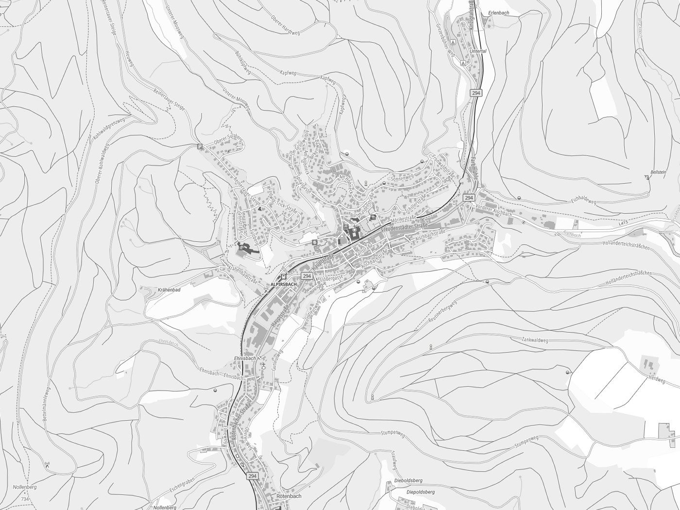 Kartenausschnitt Alpirsbach mit Gewässern