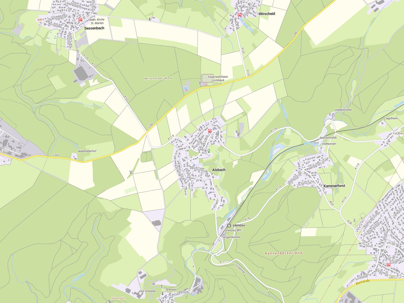 Kartenausschnitt Alsbach mit Gewässern