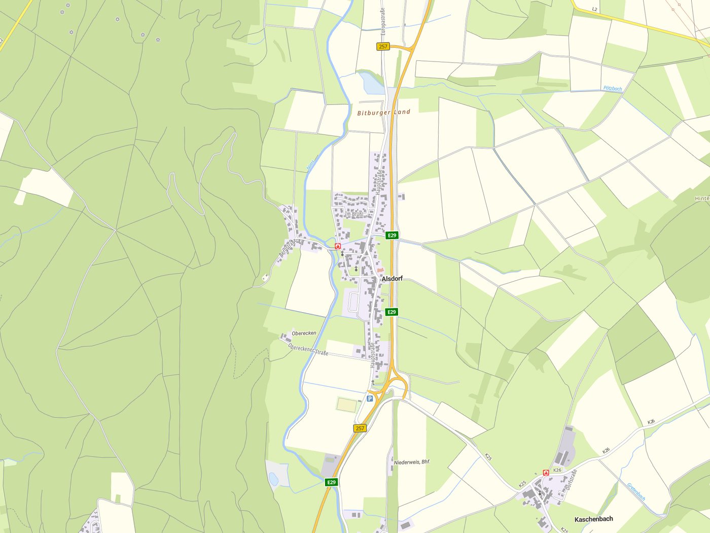Kartenausschnitt Alsdorf mit Gewässern