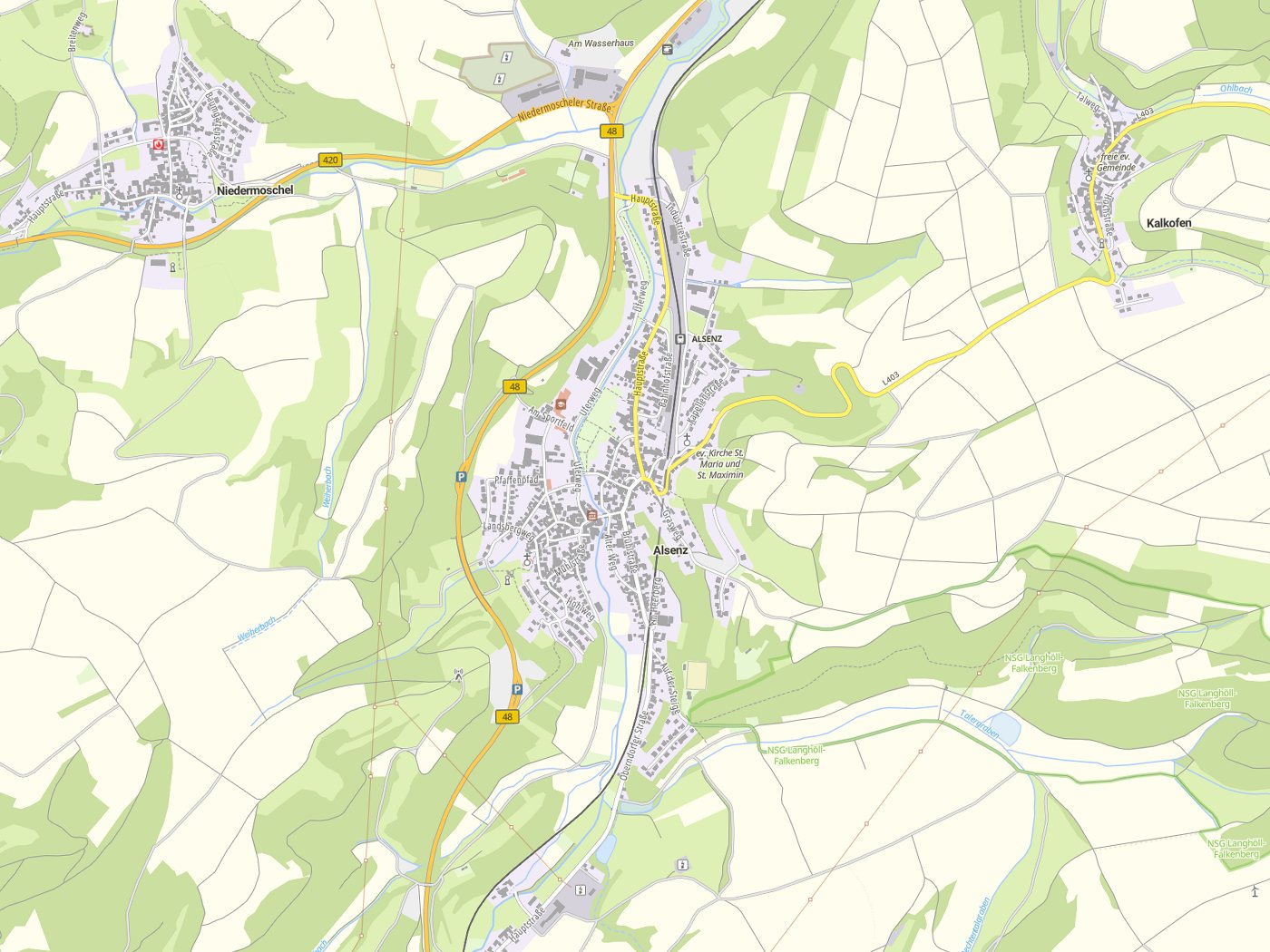 Kartenausschnitt Alsenz mit Gewässern