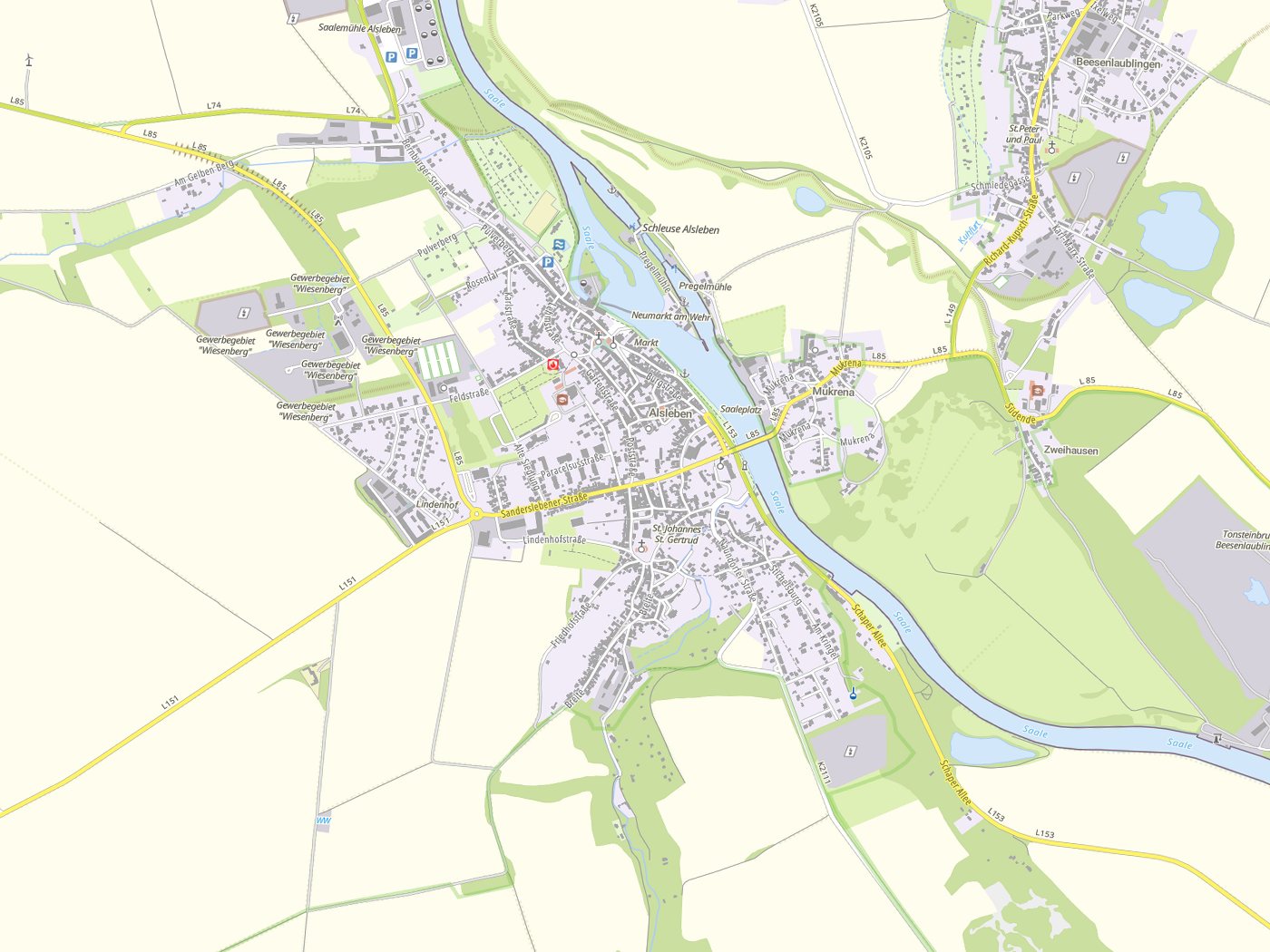 Kartenausschnitt Alsleben (Saale) mit Gewässern