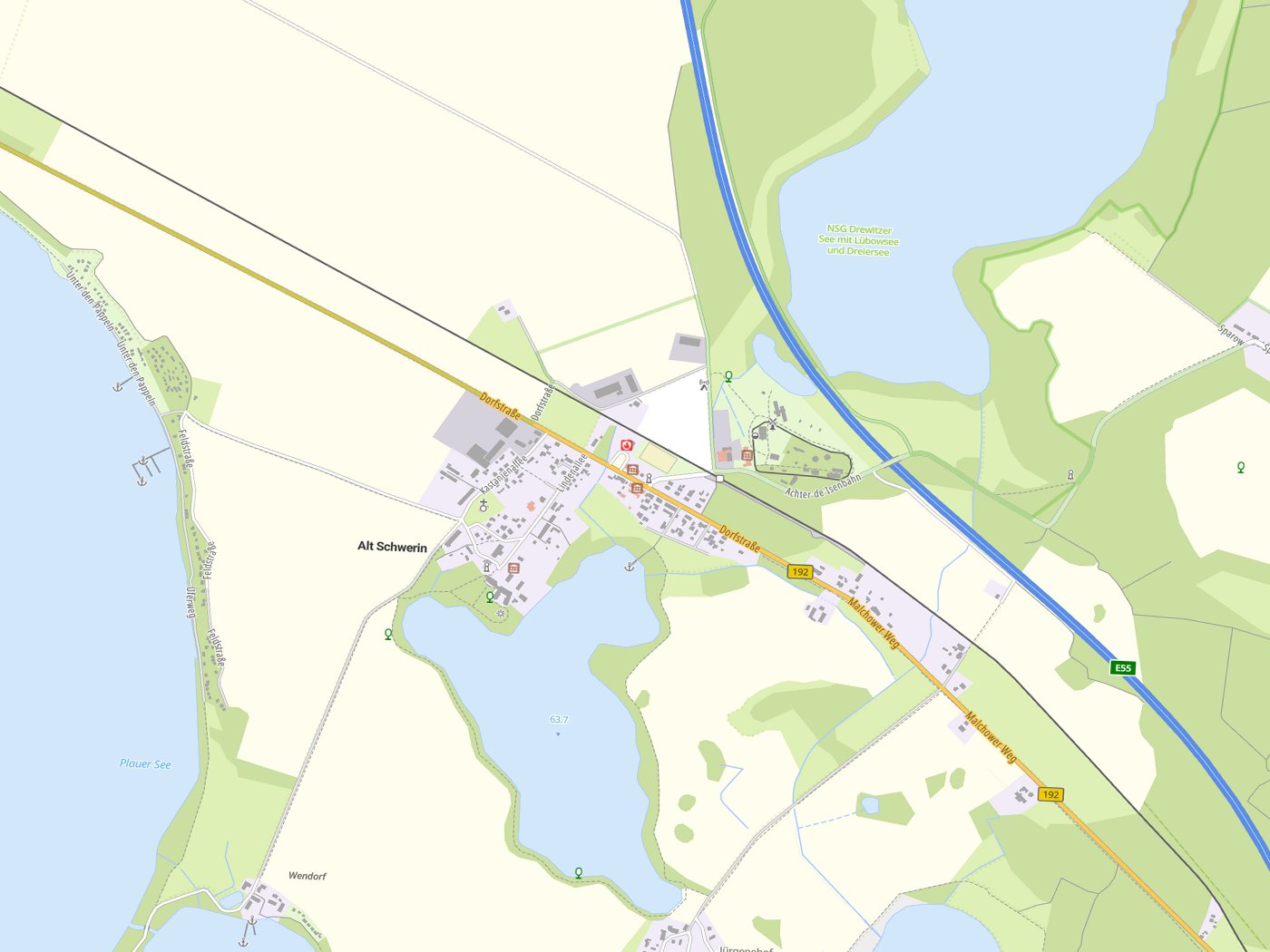 Kartenausschnitt Alt Schwerin mit Gewässern