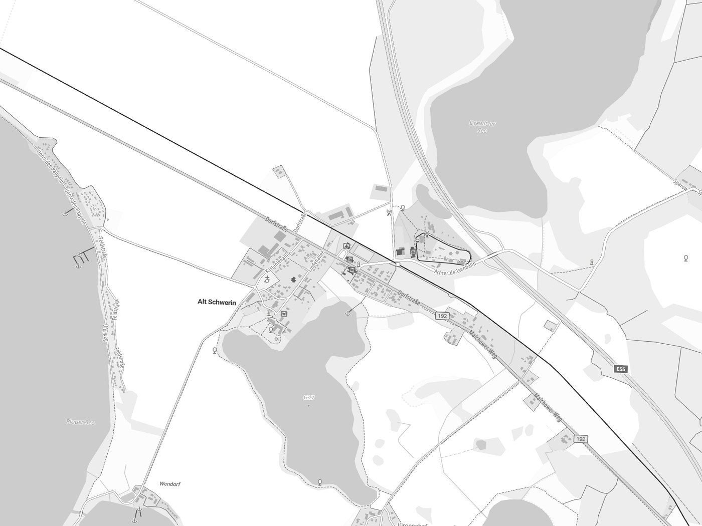 Kartenausschnitt Alt Schwerin mit Gewässern