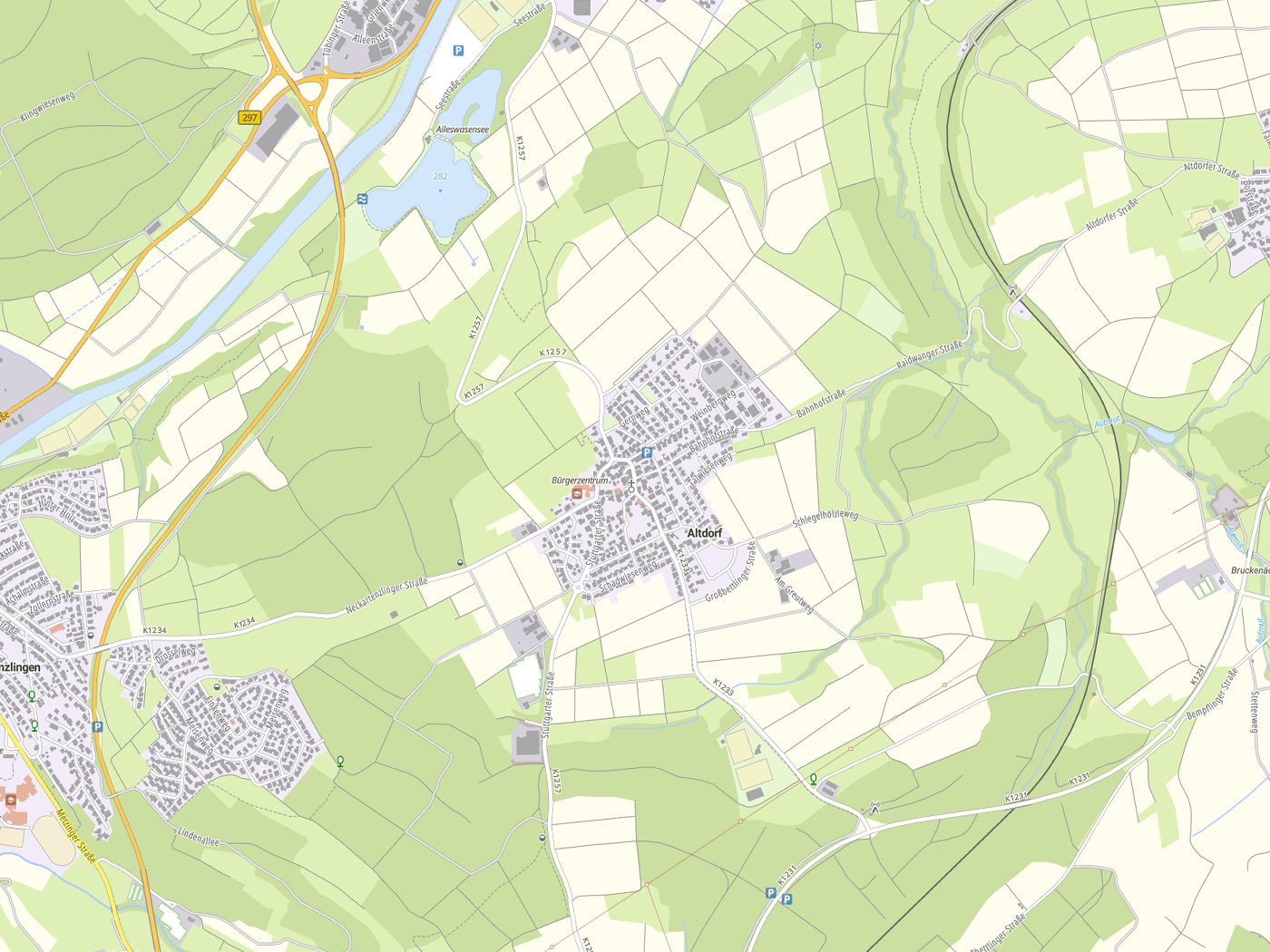 Kartenausschnitt Altdorf mit Gewässern