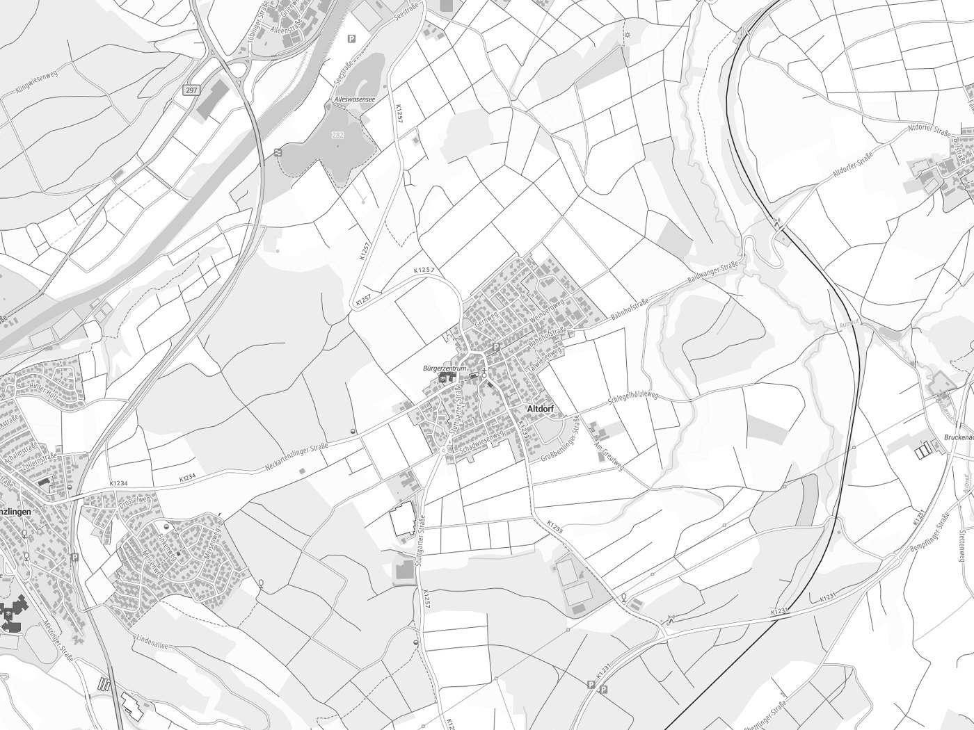 Kartenausschnitt Altdorf mit Gewässern