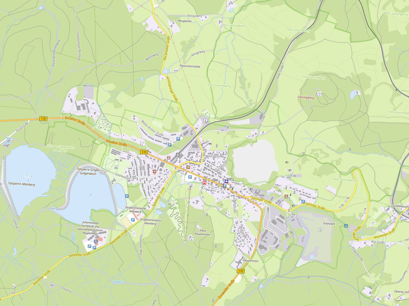 Kartenausschnitt Altenberg mit Gewässern
