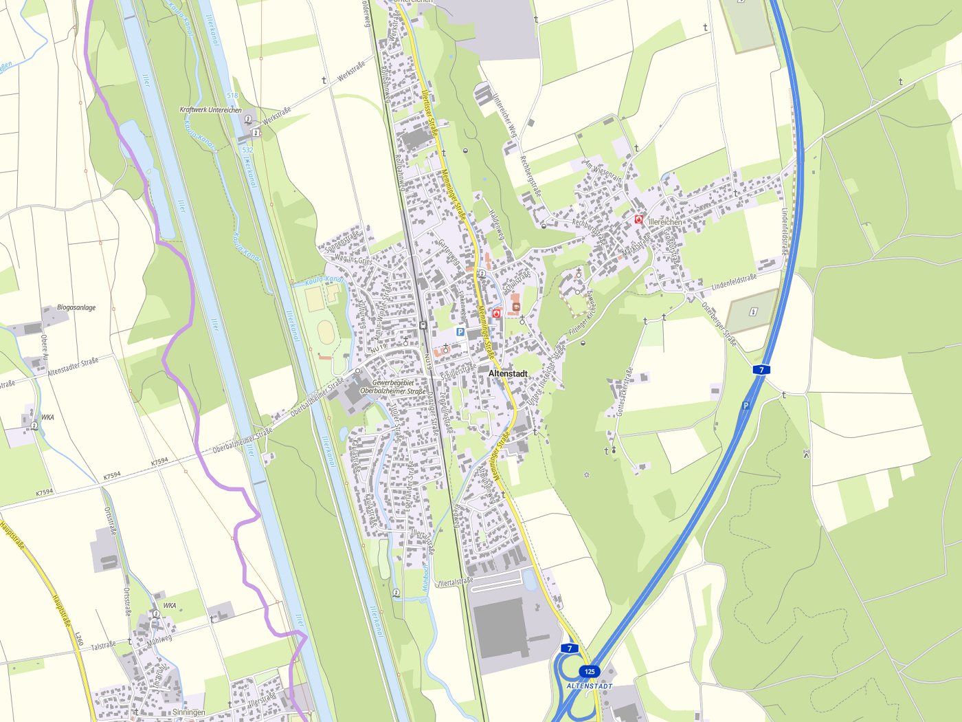 Kartenausschnitt Altenstadt mit Gewässern