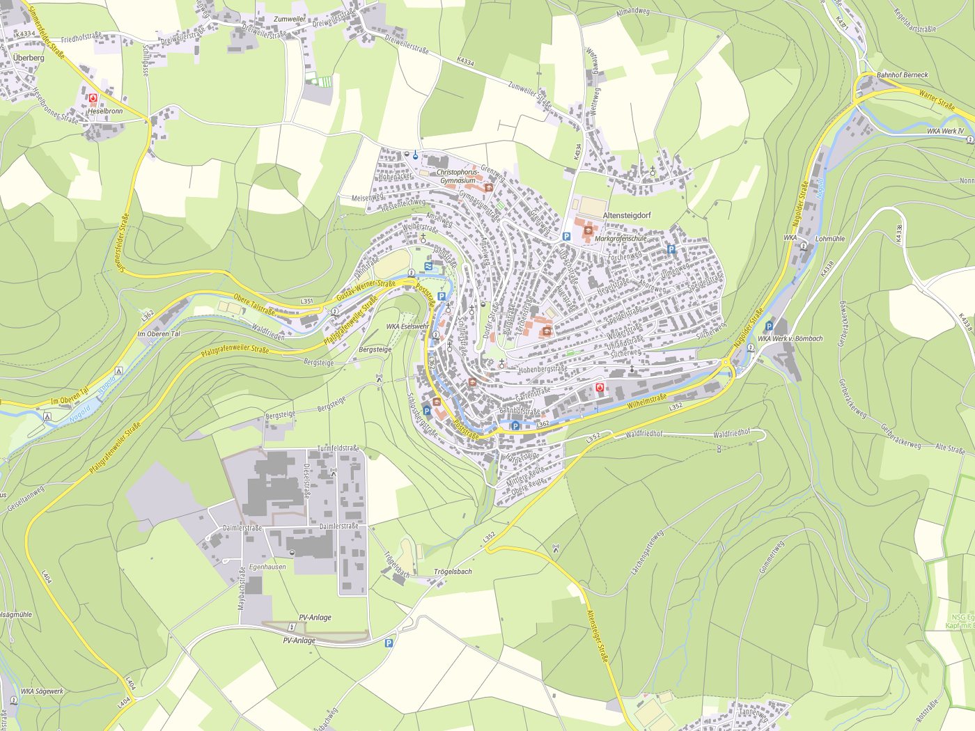 Kartenausschnitt Altensteig mit Gewässern