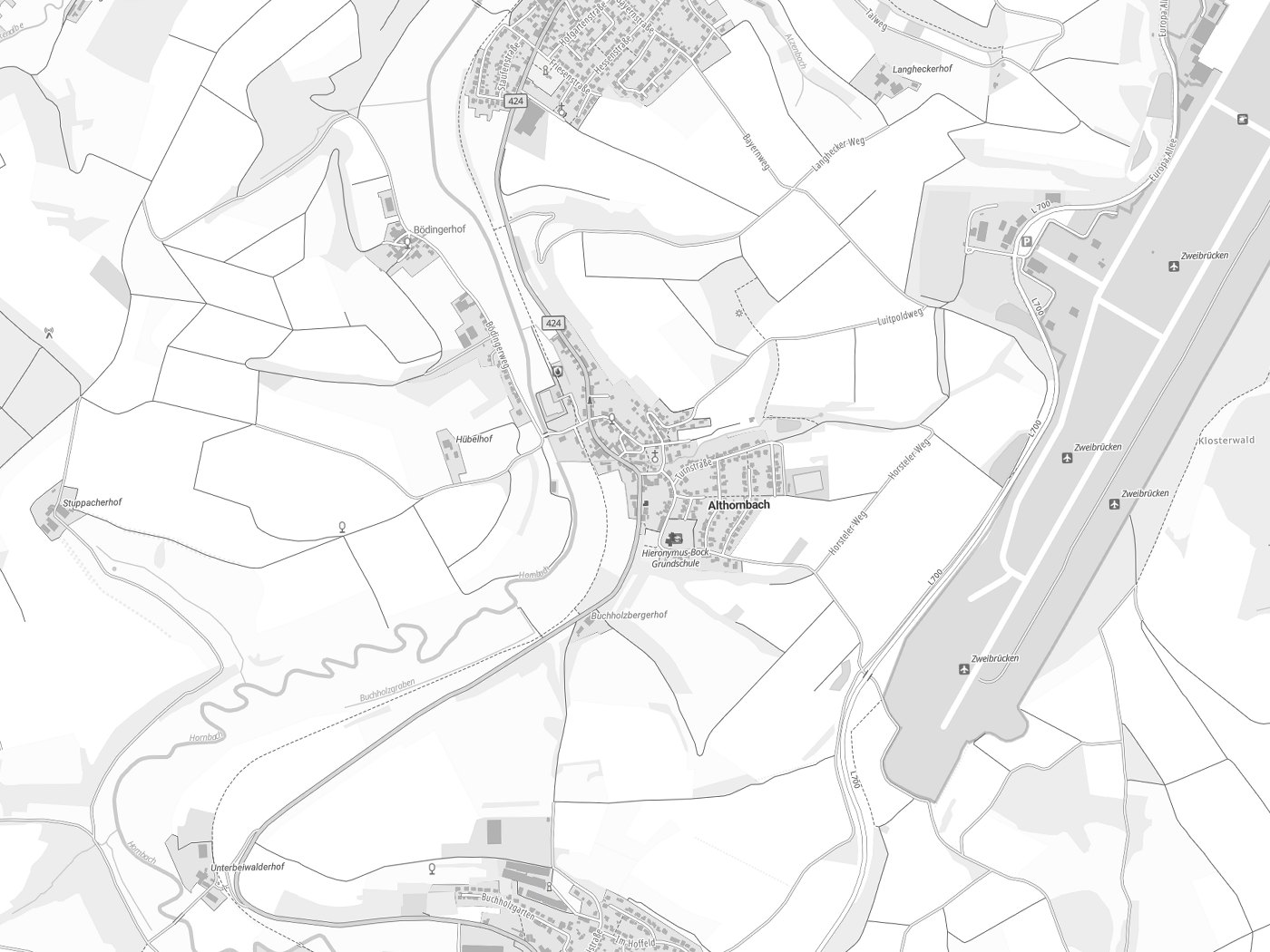 Kartenausschnitt Althornbach mit Gewässern