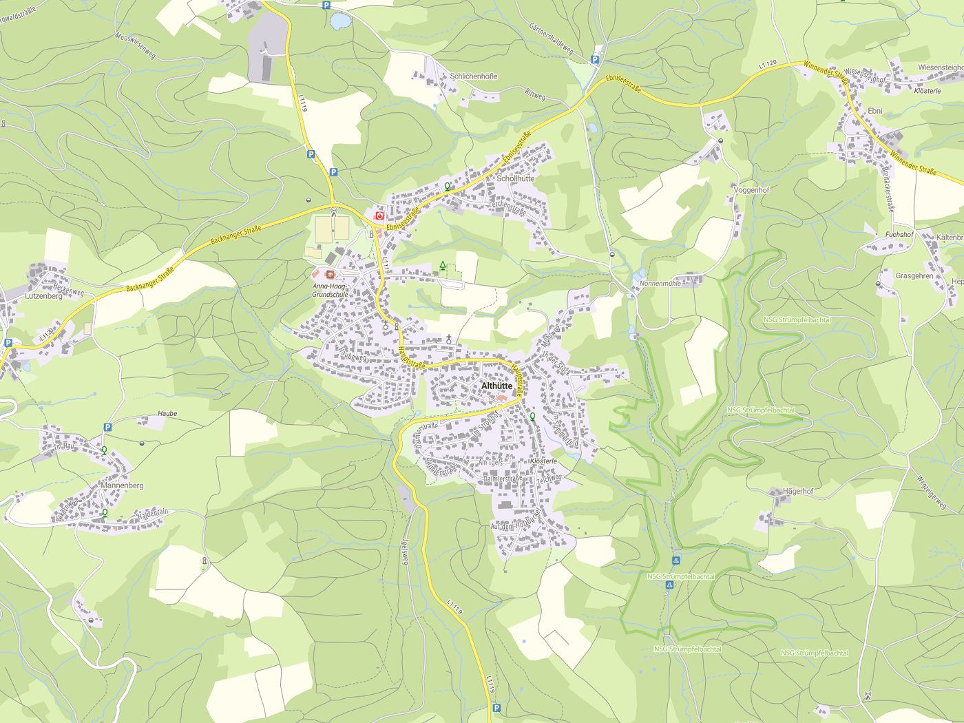 Kartenausschnitt Althütte mit Gewässern