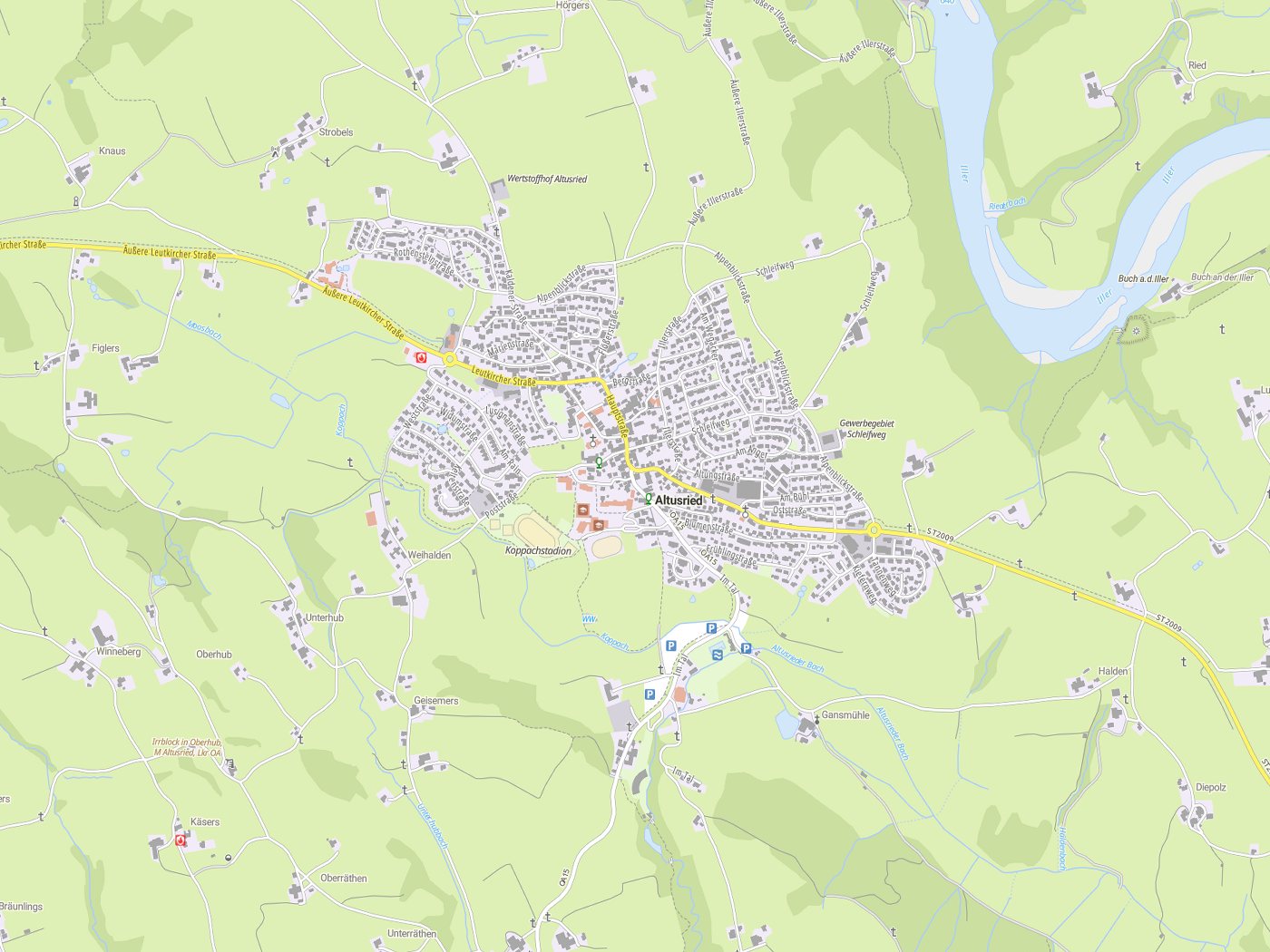 Kartenausschnitt Altusried mit Gewässern