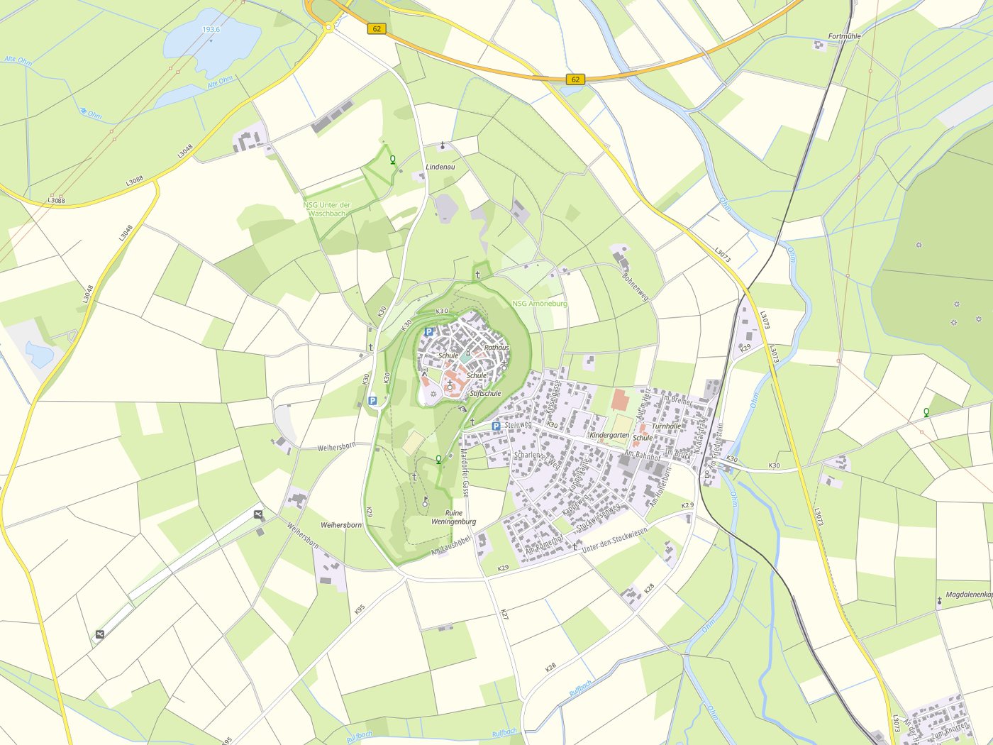 Kartenausschnitt Amöneburg mit Gewässern