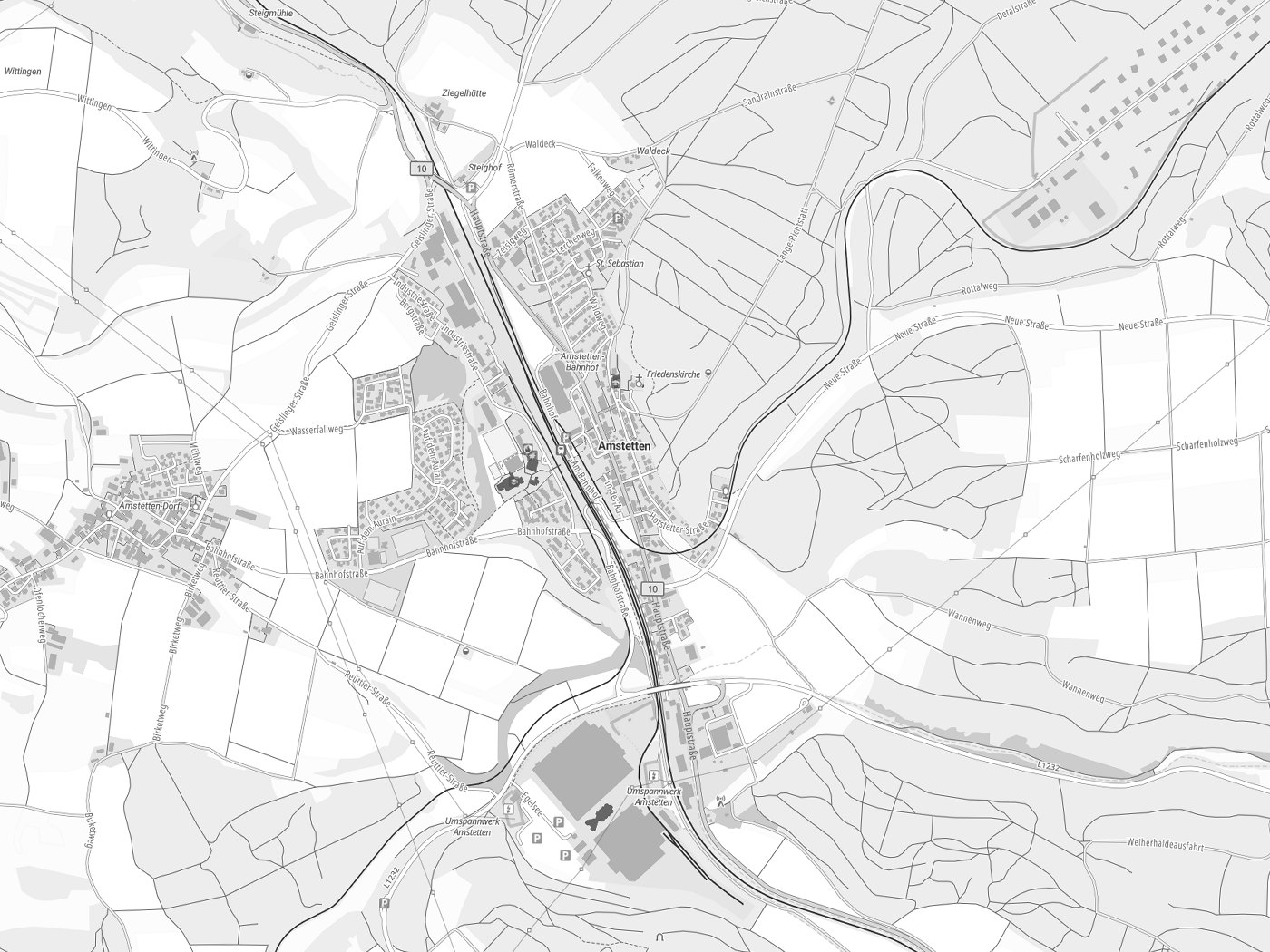 Kartenausschnitt Amstetten mit Gewässern