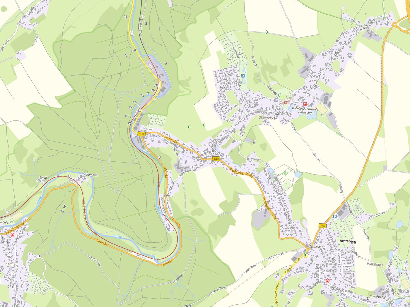 Kartenausschnitt Amtsberg mit Gewässern