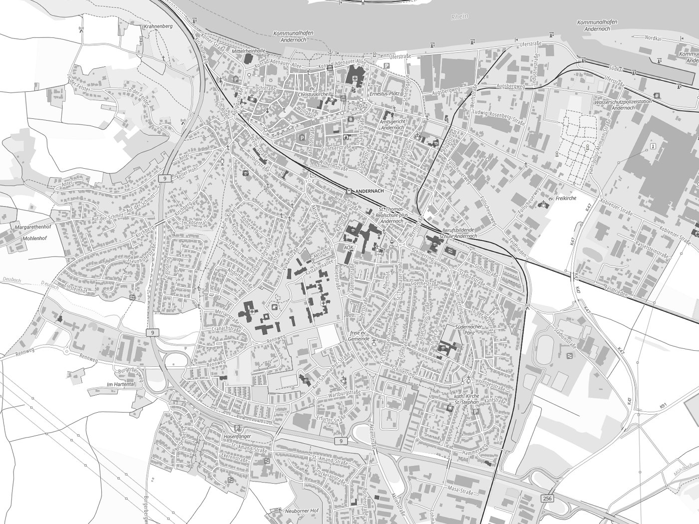 Kartenausschnitt Andernach mit Gewässern