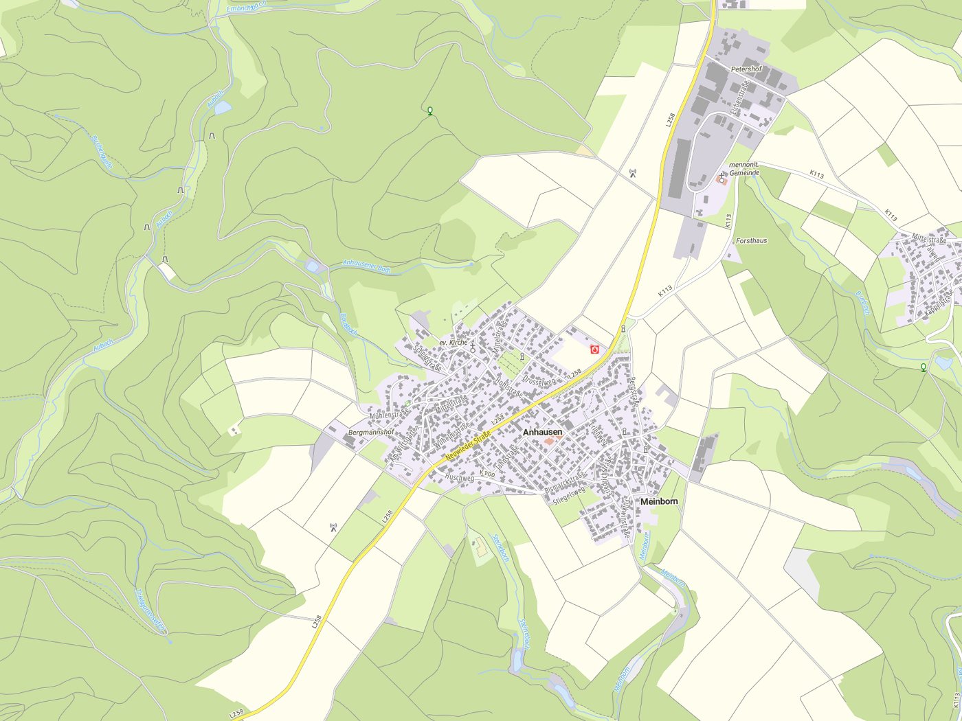 Kartenausschnitt Anhausen mit Gewässern
