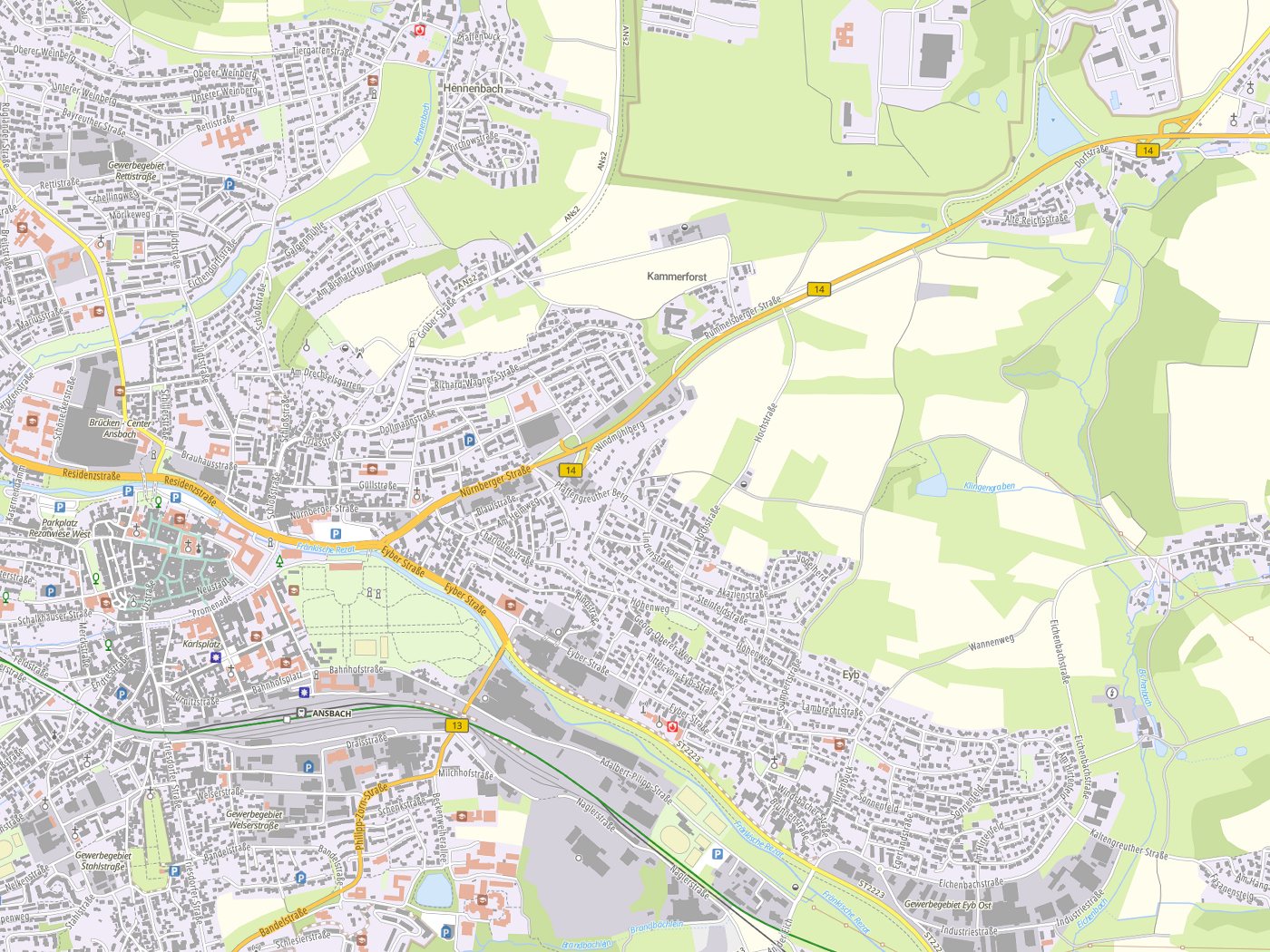 Kartenausschnitt Ansbach mit Gewässern
